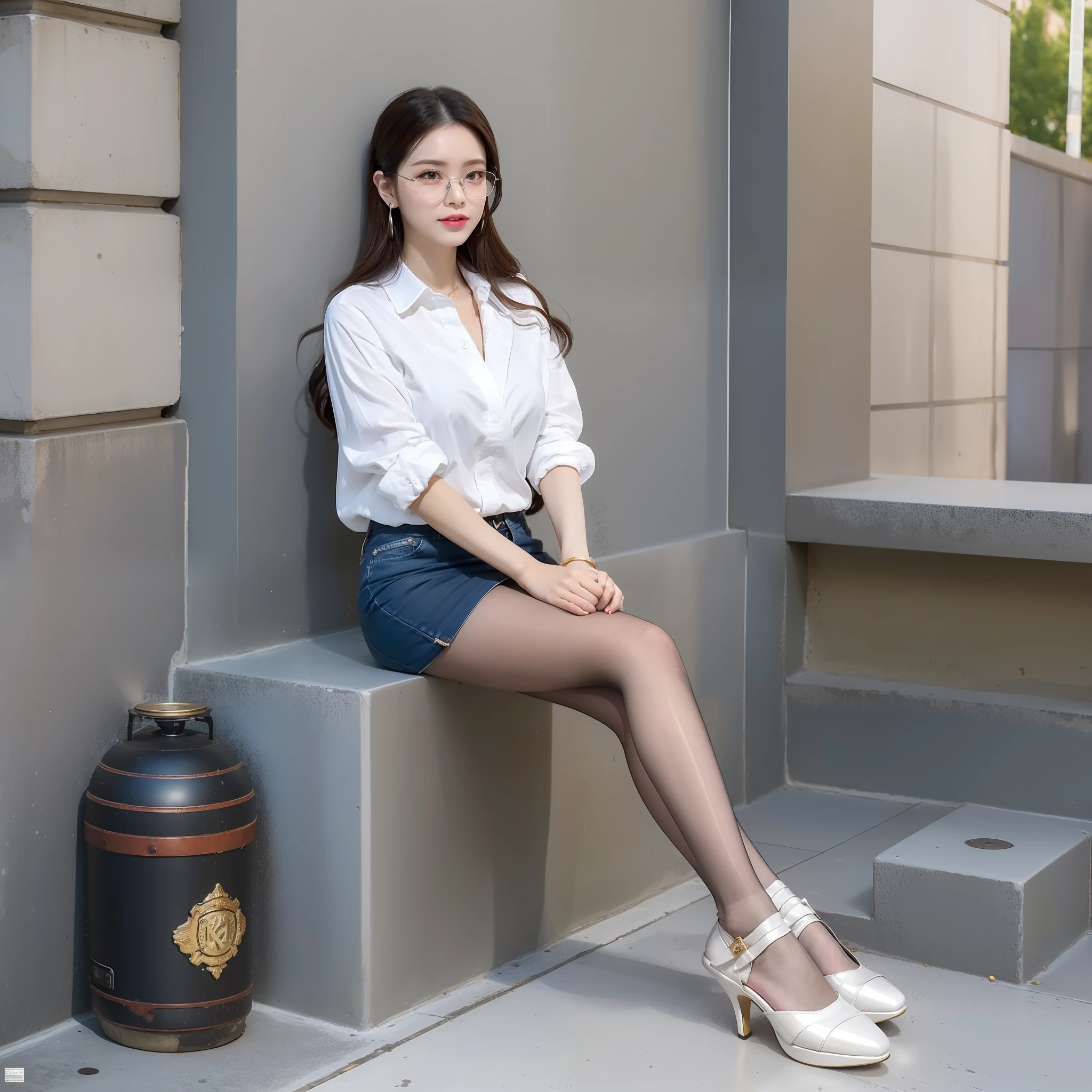 8k resolution, ultra-fine details, delicate picture, masterpiece, high quality, daytime, sunshine, 1girl, full body photo, light makeup, rimless gold wire glasses, flying silver long hair, looking at the audience, cute, white shirt, tie, big earrings, black pantyhose, casual shoes, denim miniskirt, leaning on the fire hydrant, photo pose, revealing shoes,