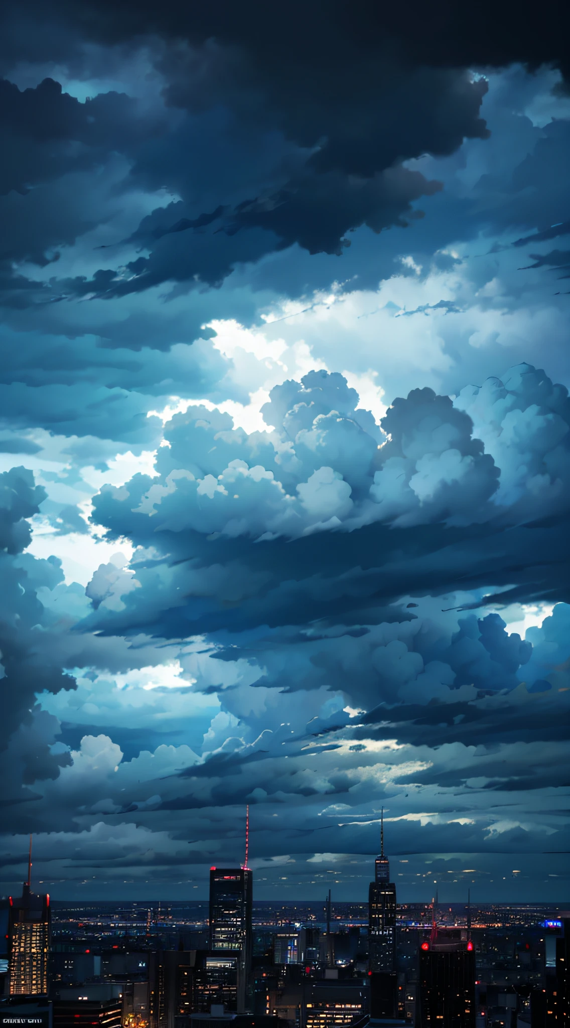 Masterpiece, HD wallpaper, shot from a tall building into the distance, dark clouds hovering over a city at night, stormy weather at night, dark clouds, dark clouds, dark clouds covering the whole sky, ominous night storm, bad weather coming, dark cloudy weather, storm in the background, gloomy weather. High quality, ominous and intense, gloomy moody clouds, storms outside, weather photography, storm clouds, --auto --s2