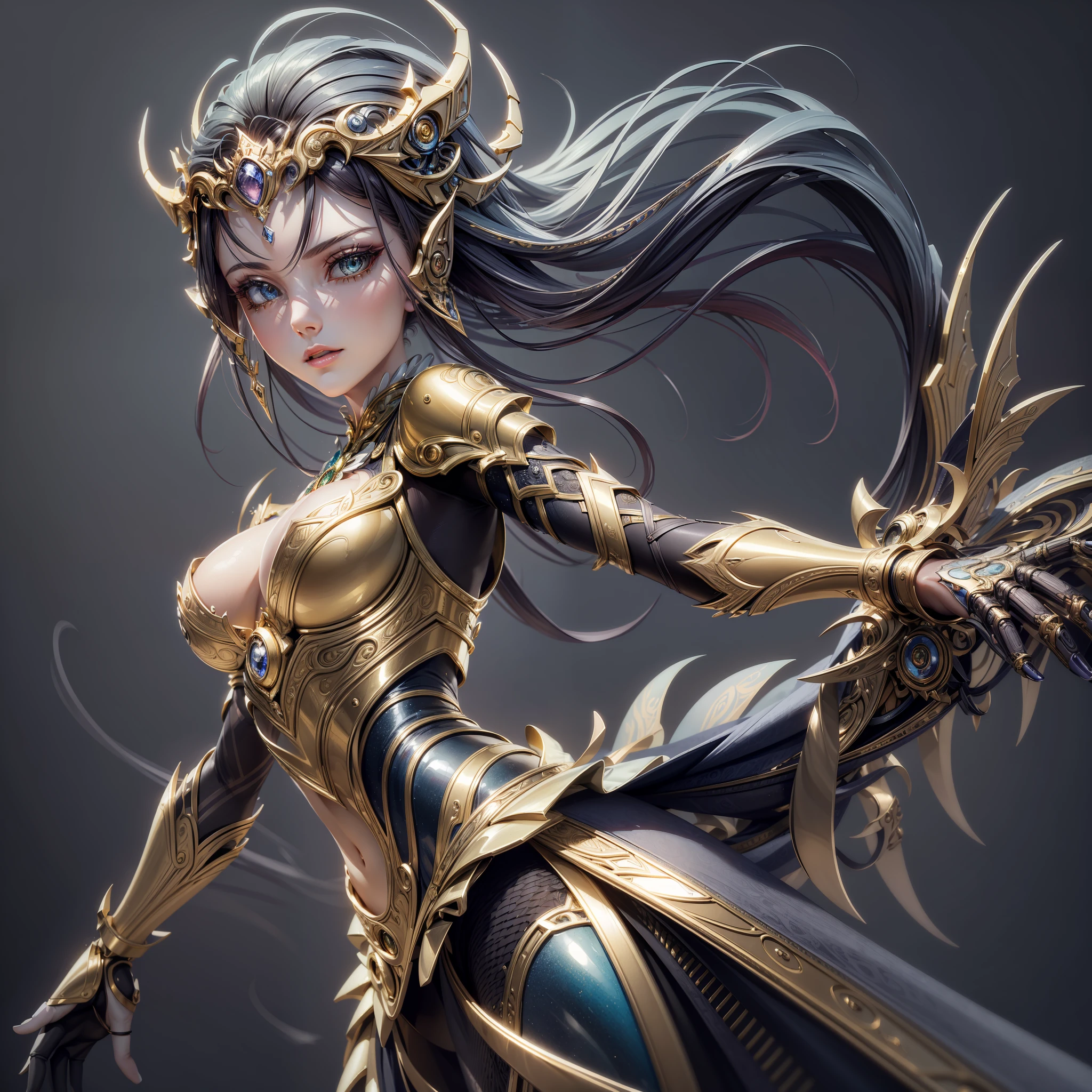 (masterpiece), stunning quality, exquisite 3D rendering, (mechanical maiden, beautiful and elegant, youthful appearance),(ung girl), dynamic pose, attention to detail, metallic sheen, vibrant colors, dramatic lighting.