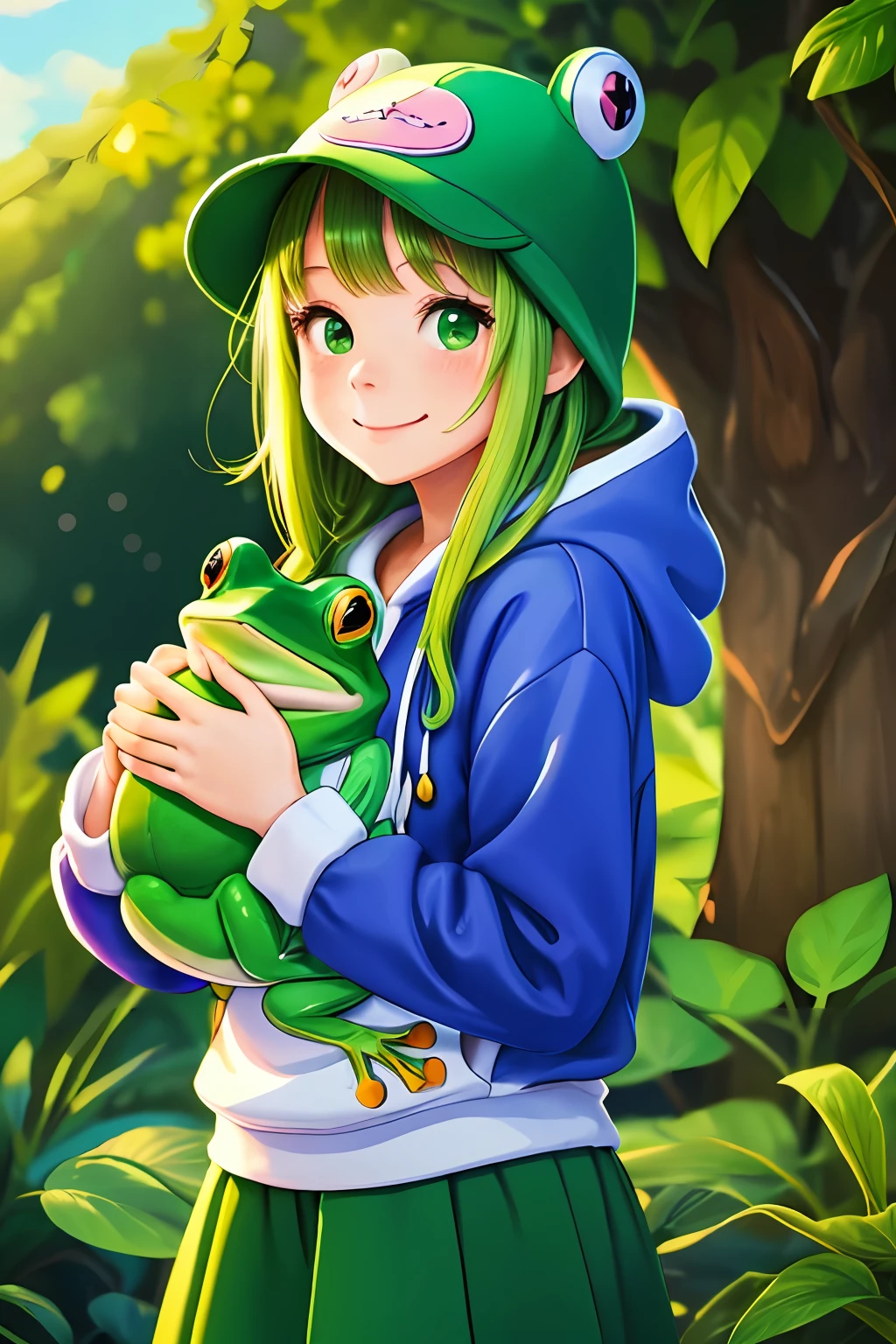 ((best quality)),(colorful illustration),(1girl),kawaii style, green frog hat and hoodie, holding a frog plushie, big round eyes and a cute smile, lush greenery behind her, a vivid blue sky, happy and energetic vibe.