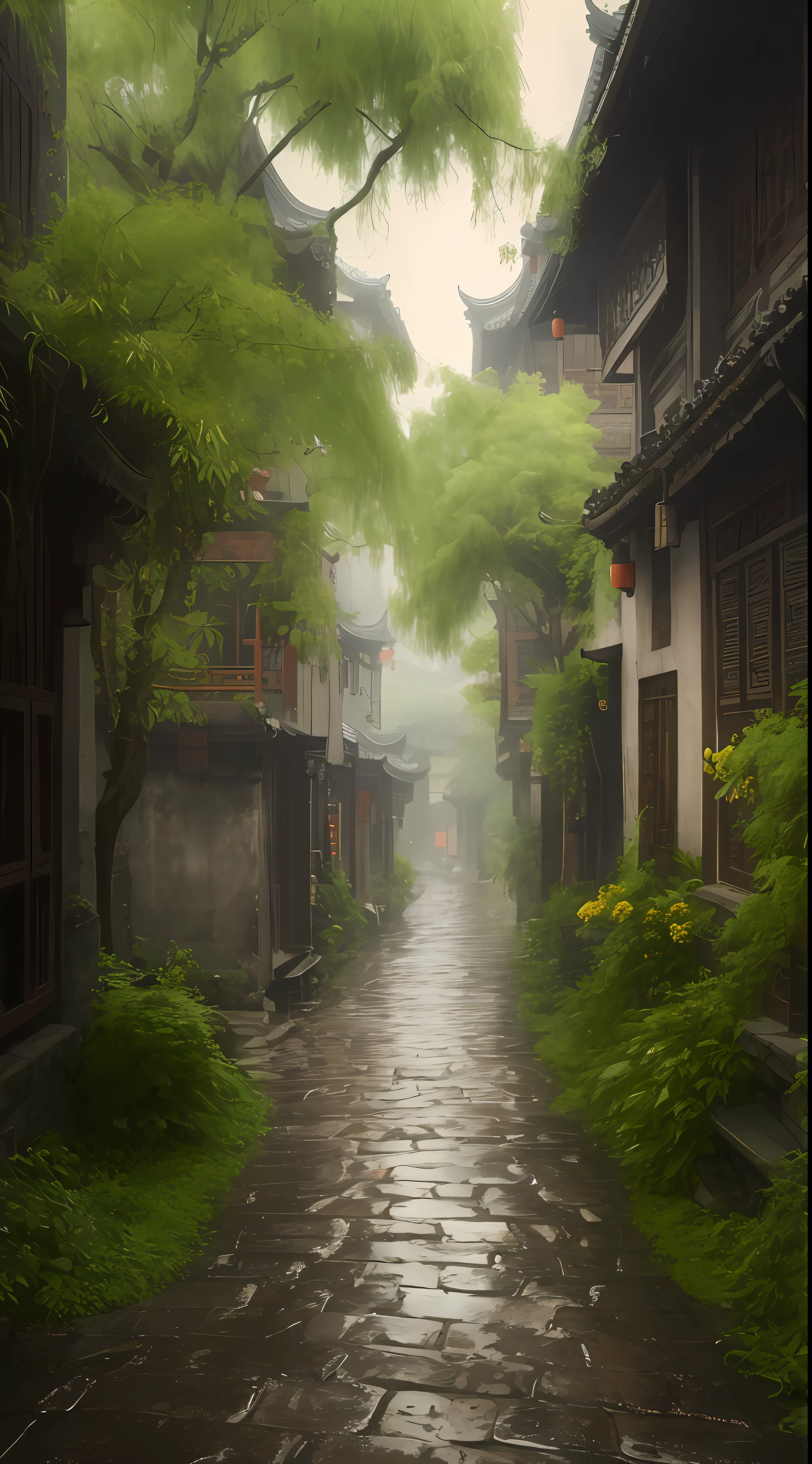 there is a wet street with a stone path and trees, dreamy chinese town, misty alleyways, misty alleyway, ancient city streets behind her, quiet street, by Han Gan, old asian village, by Ruan Jia, chinese village, green alleys, in a narrow chinese alley, green alley, beautiful mattepainting, quiet and serene atmosphere