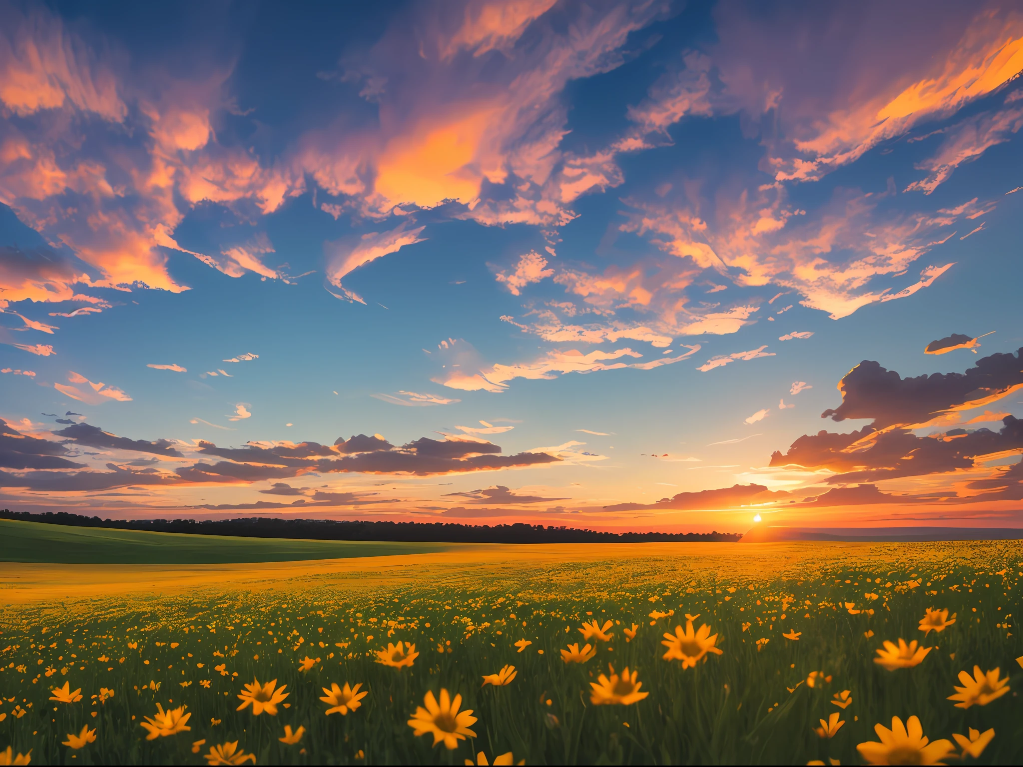 ((highest quality, 8k, masterpiece, photorealism, RAW photo, highest quality)), sunset over wildflower field on sky background, flower sunset, late summer night, summer setting, vivid dawn in the meadow, morning light, evening sunset, sunrise, when the sun sets on the horizon, morning sunrise, summer morning light, dusk, flower garden in the foreground, wide wide shot, night sunset, early morning sunrise, high definition, realism, Realistic photos, professional color correction, shot with Canon EOS 5D Mark IV --auto --s2