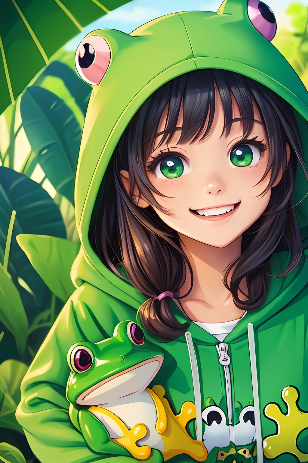 ((best quality)),(colorful illustration),(1girl),kawaii style, green frog hat and hoodie, holding a frog plushie, big round eyes and a cute smile, lush greenery behind her, a vivid blue sky, happy and energetic vibe.