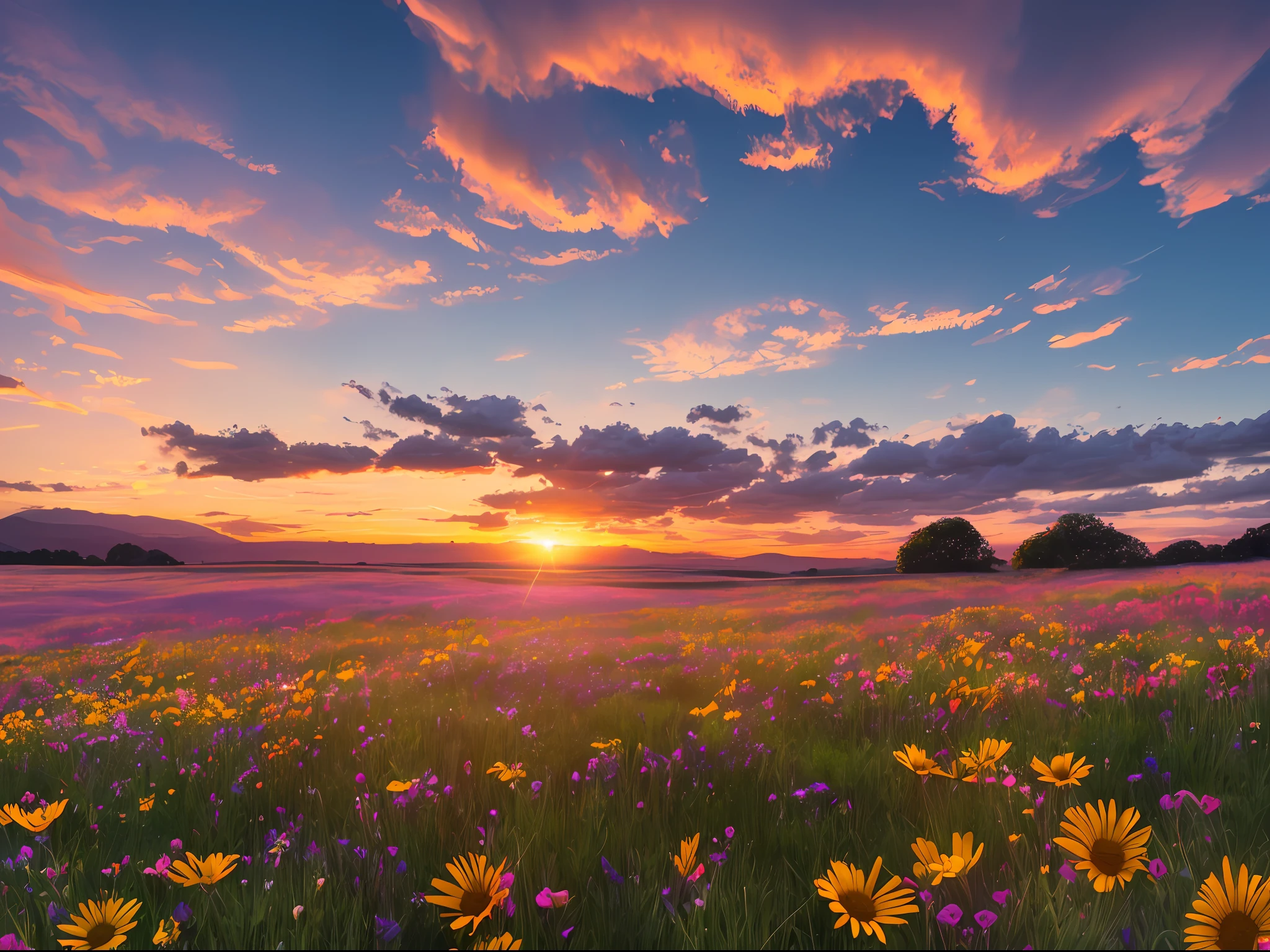 ((highest quality, 8k, masterpiece, photorealism, RAW photo, highest quality)), sunset over wildflower field on sky background, flower sunset, late summer night, summer setting, vivid dawn in the meadow, morning light, evening sunset, sunrise, when the sun sets on the horizon, morning sunrise, summer morning light, dusk, flower garden in the foreground, wide wide shot, night sunset, early morning sunrise, high definition, realism, Realistic photos, professional color correction, shot with Canon EOS 5D Mark IV --auto --s2