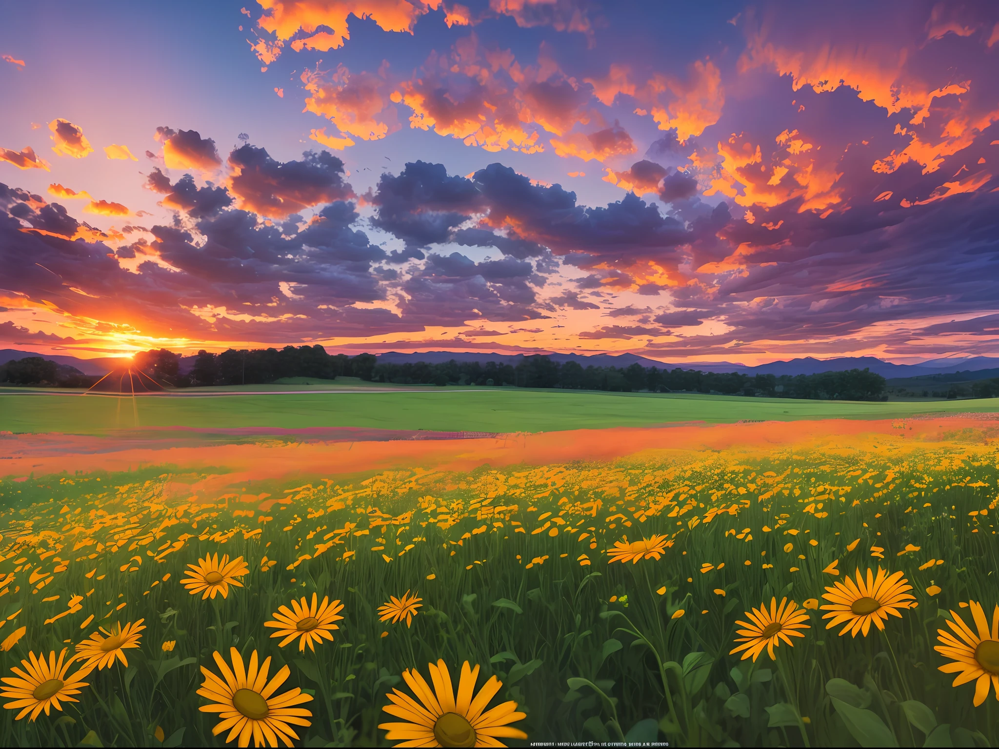 ((highest quality, 8k, masterpiece, photorealism, RAW photo, highest quality)), sunset over wildflower field on sky background, flower sunset, late summer night, summer setting, vivid dawn in the meadow, morning light, evening sunset, sunrise, when the sun sets on the horizon, morning sunrise, summer morning light, dusk, flower garden in the foreground, wide wide shot, night sunset, early morning sunrise, high definition, realism, Realistic photos, professional color correction, shot with Canon EOS 5D Mark IV --auto --s2