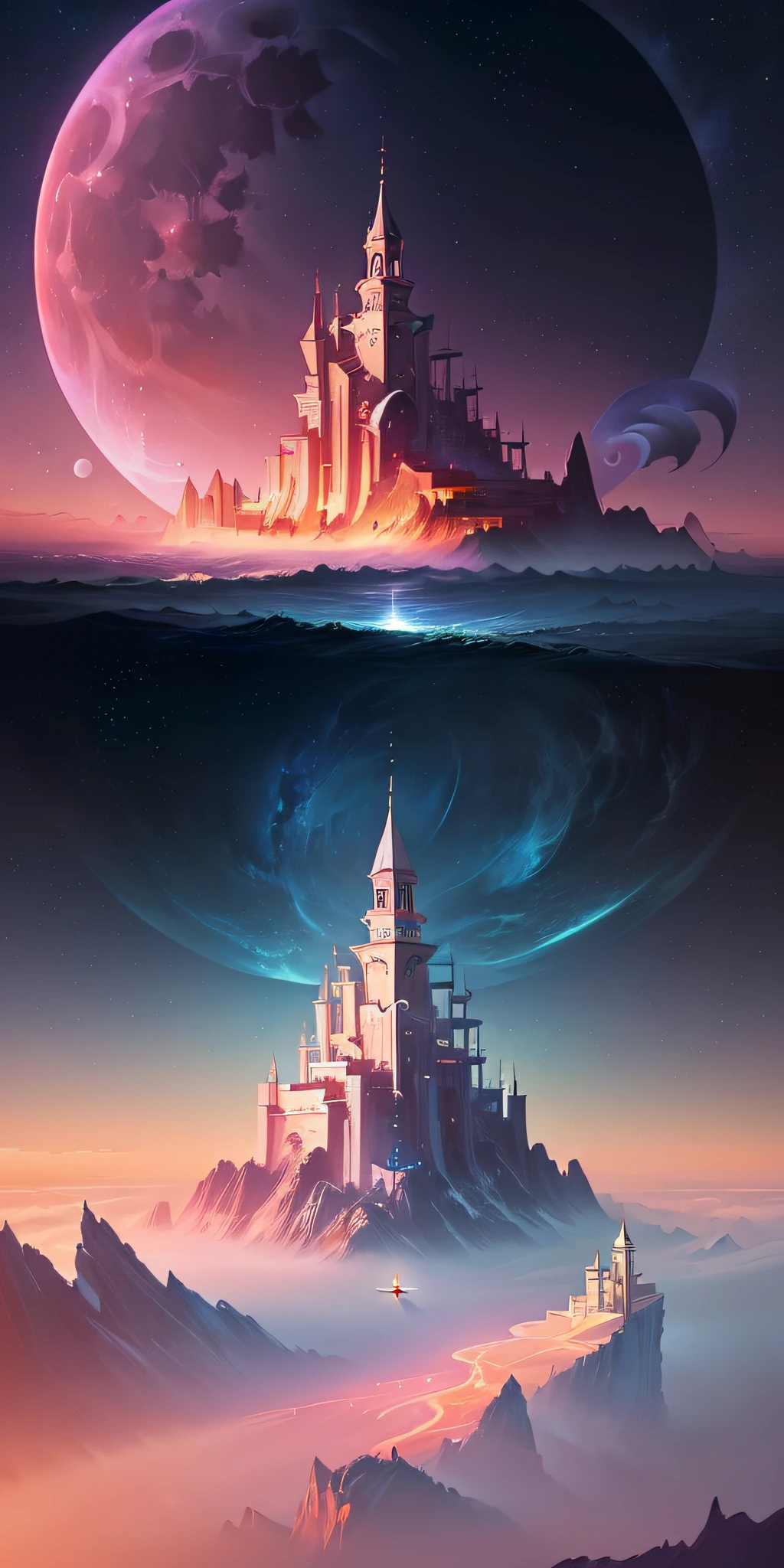 (((Beautiful iPhone wallpaper))), high school worldview, rose and moon in the sky over the sea, ultimate fantasy, (digital illustration + digital painting + background artwork), (Cyril. Rolando's Style: 1.2), (4K Highly Detailed Digital Art: 1.1), (Epic Fantasy Fantasy Landscape + Fantasy Background: 1.1)