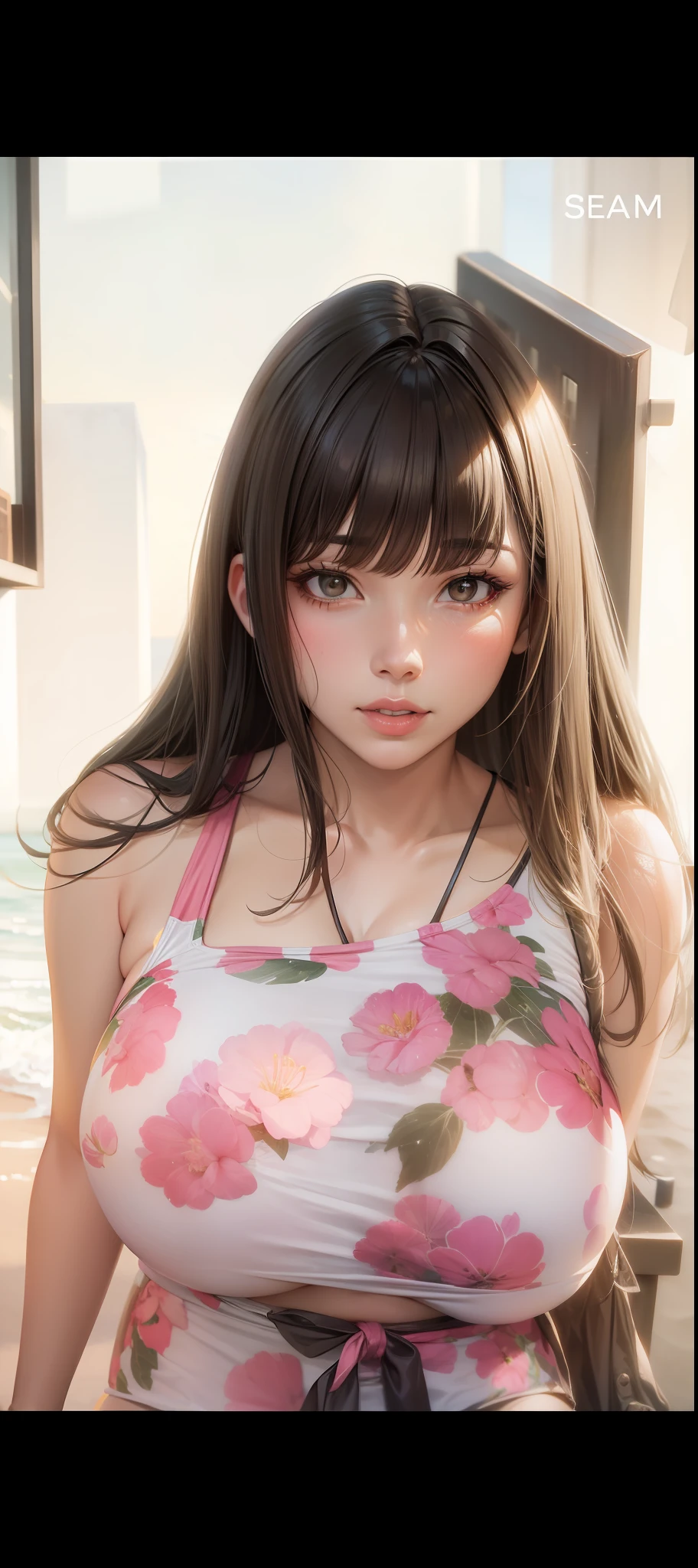 Melon seed face, bangs, big breasts, bulging, three-point swimsuit, sitting by the sea, wearing sunglasses
