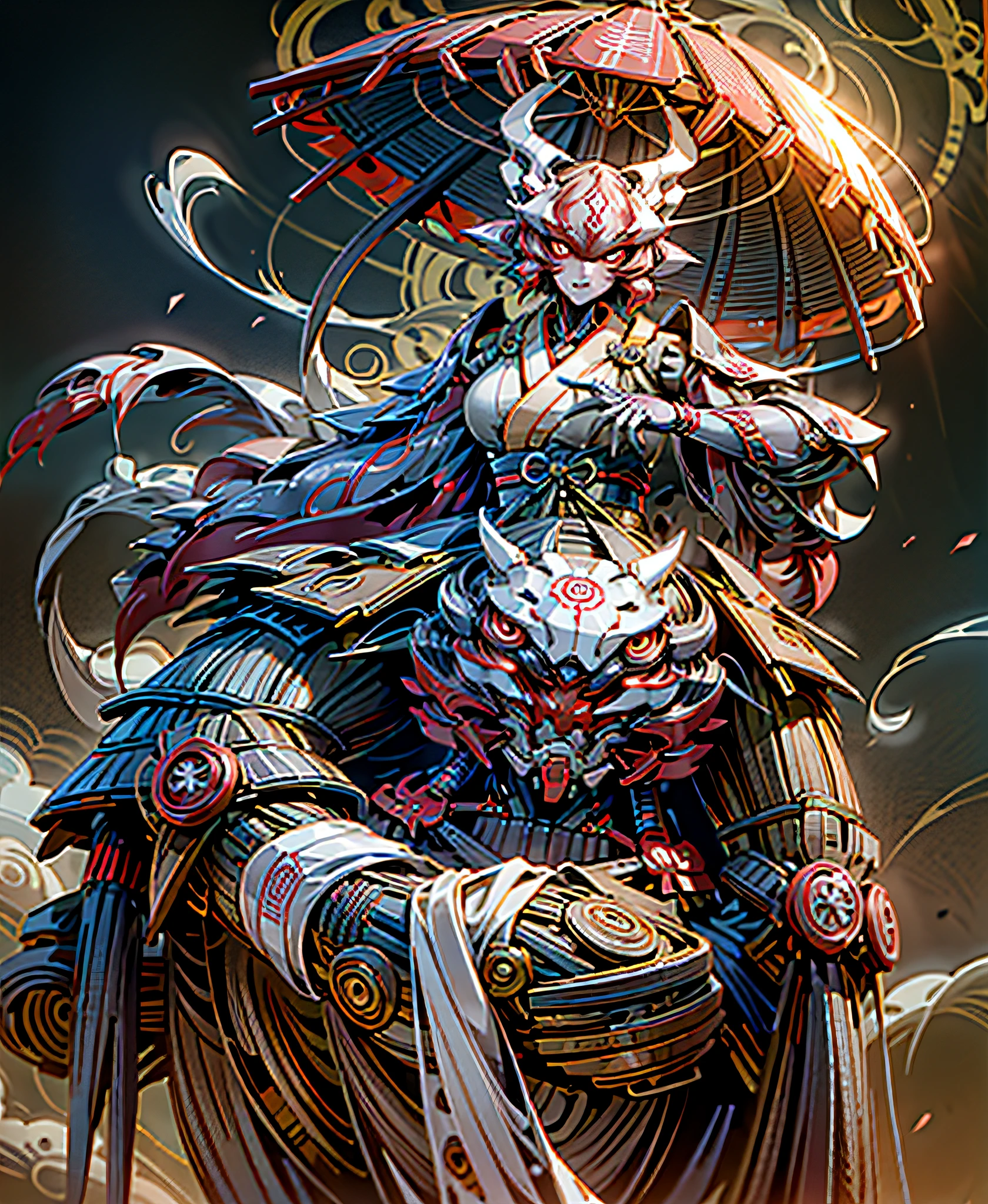 A huge Japanese-style yokai, styling with both mecha and kimono elements, blood red kimono, female evil youkai, official art style, 8K ultra-high-definition wallpaper, high visibility, rich details, beautiful graphics, masterpiece, zen style, mandala element swirl winding: 0.6.