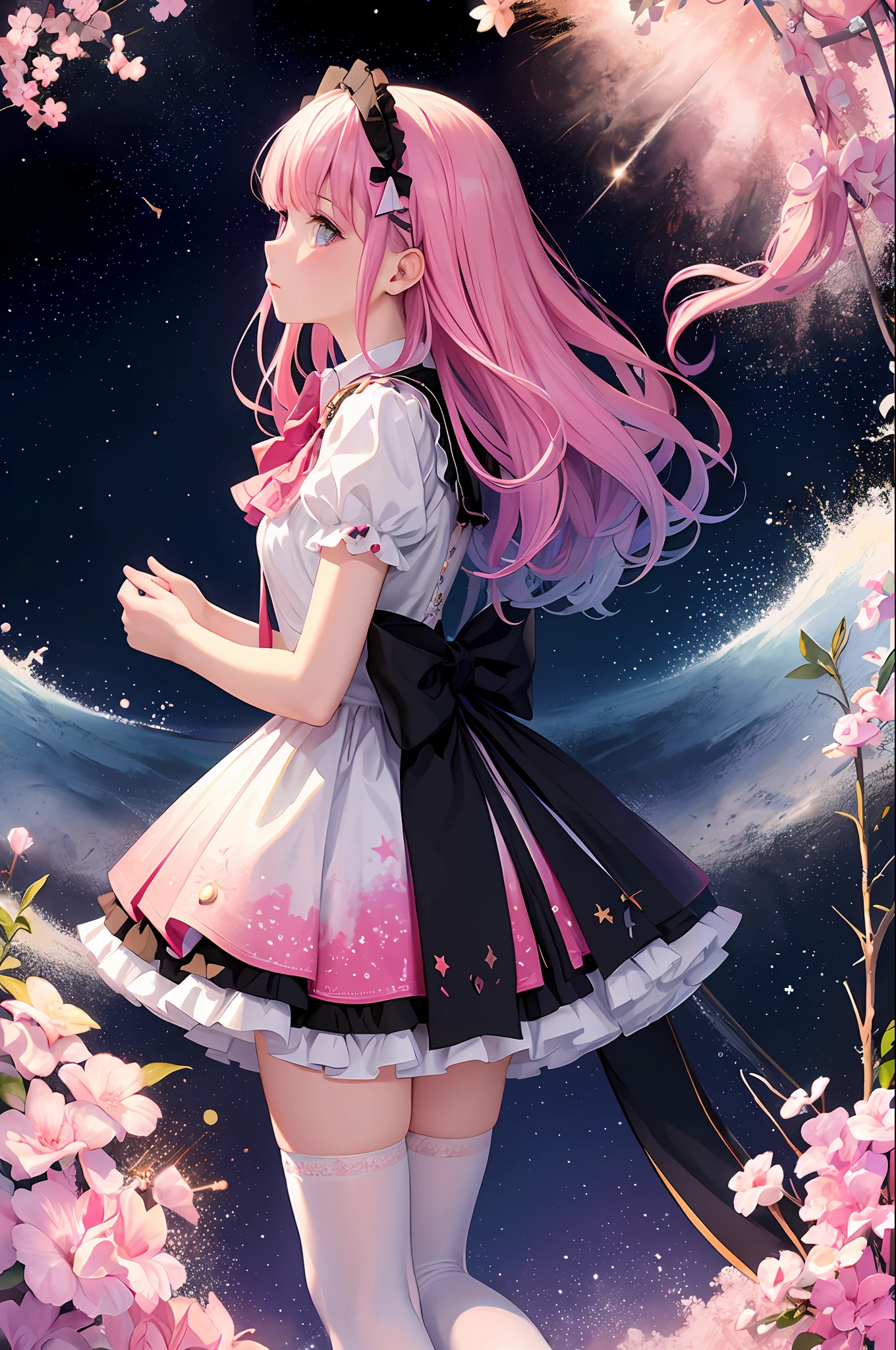 (Masterpiece, Top Quality, Best Quality, Watercolor (Medium), Official Art, Beauty and Aesthetics: 1.2), (1girl: 1.2), (Fractal Art: 1.2), Upper Body, Looking from the Side, Looking at the Viewer, Pattern, (Rainbow Hair, Colored Hair, Pink Gradient Hair: 1.2), Water, Liquid, Clouds, Colorful, Starry, Stars, Full Body, Stockings, Lolita Shoes, Bow Clips;