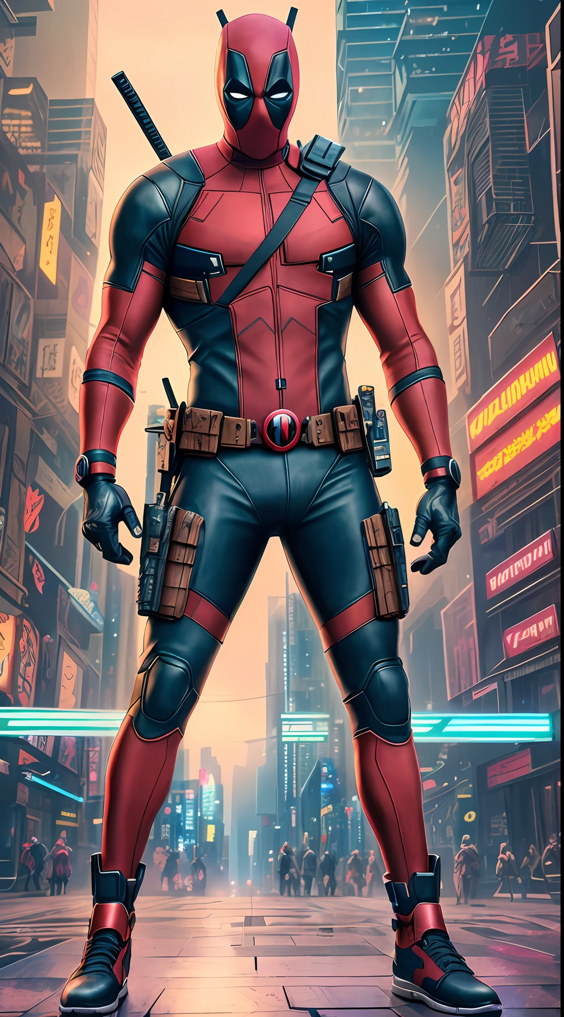 Deadpool from Marvel, neon ring on background, cyberpunk art style, cyberpunk style, cyberpunk style, cyberpunk character, hyper-realistic cyberpunk style, cyberpunk color, powerful lighting, motion synchronization, dynamism, charged energy, hot action, Adobe Lightroom, darkroom, HDR, intricate, highly detailed, (depth of field: 1.4), hyper-detail (artstation: 1.4), cinematic, warm light, dramatic light (complex details: 1.1)