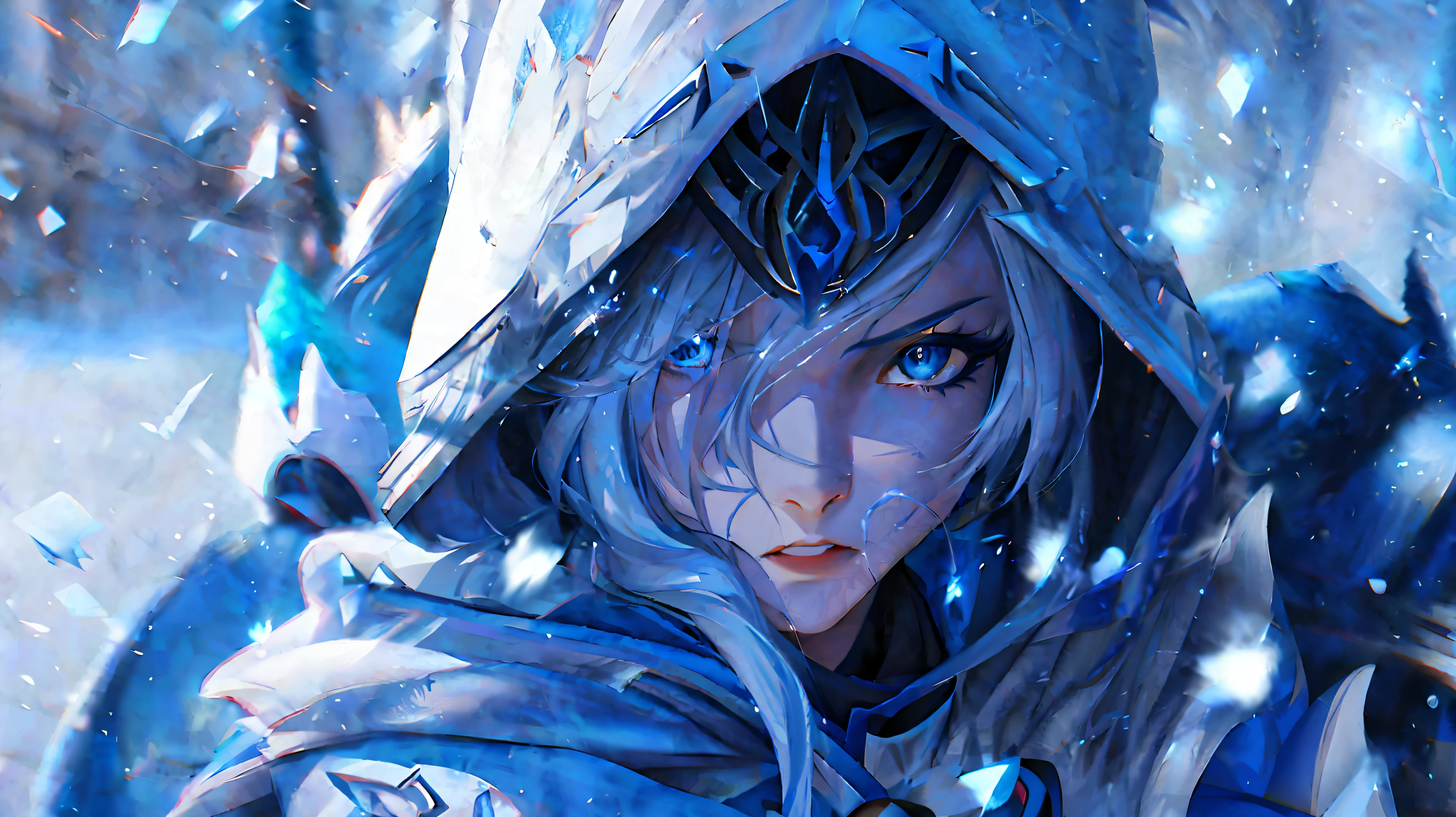 anime girl with blue eyes in a hooded jacket and a sword, ashe, ice sorceress, 4k detailed digital art, artgerm. high detail, 4k anime wallpaper, anime style 4 k, artgerm detailed, artgerm 4 k, detailed digital anime art, 4k fantasy art, anime wallpaper 4k, anime wallpaper 4 k