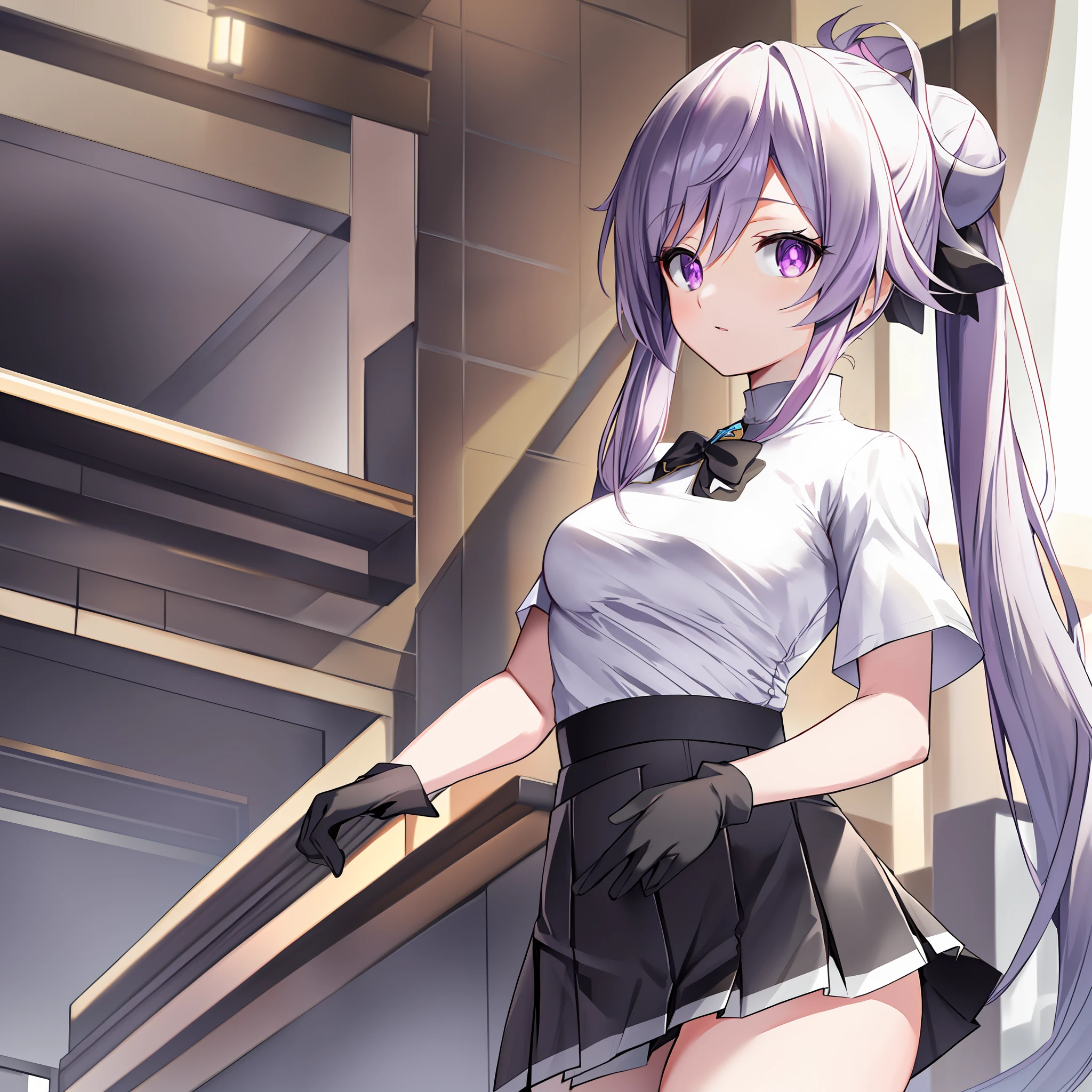 hires, cinematic angle, (((keqing :1.2))), ((genshin impact))Show from the hips to the shoulders,light purple hair,cone hair bun,(white_shirt,black_skirt:1.5),brown tights,light purple eyes,deep purple gloves,twintails, beautiful facemilitary,looking at viewer,1girl, solo, outdoors,finely detail, masterpiece, best quality, ultra-detailed, illustration,(small_breasts:1.2),(mature,30 years old,:1.3)