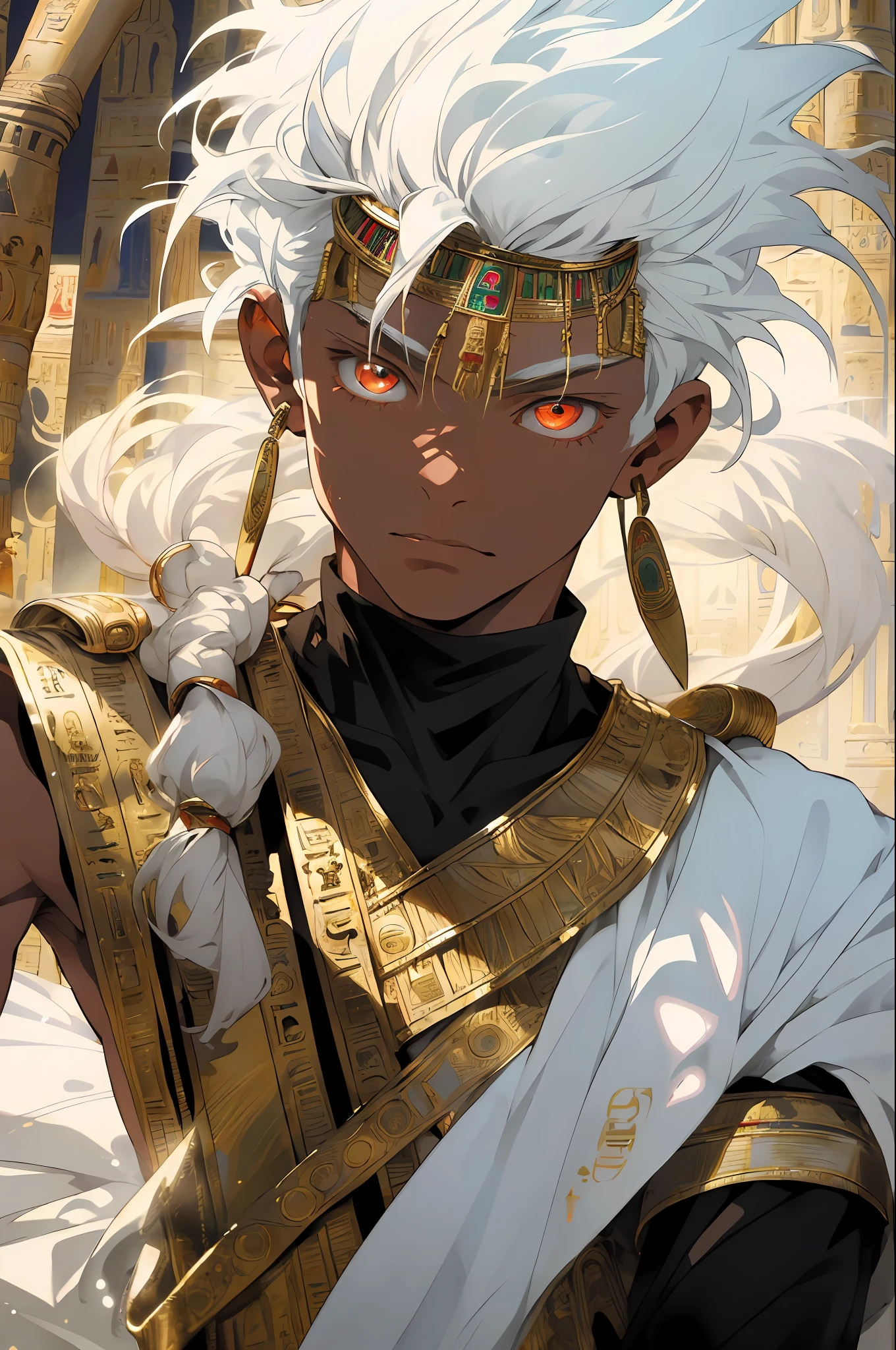 Realistic, (masterpiece, top quality, best quality, official art,), very detailed, most detailed, (1boy:1.3), gods, white hair, (glowing red eyes), mysterious, (magic), handsome men, ((Egyptian style)), headdresses, gold ornaments, bandages, pharaohs