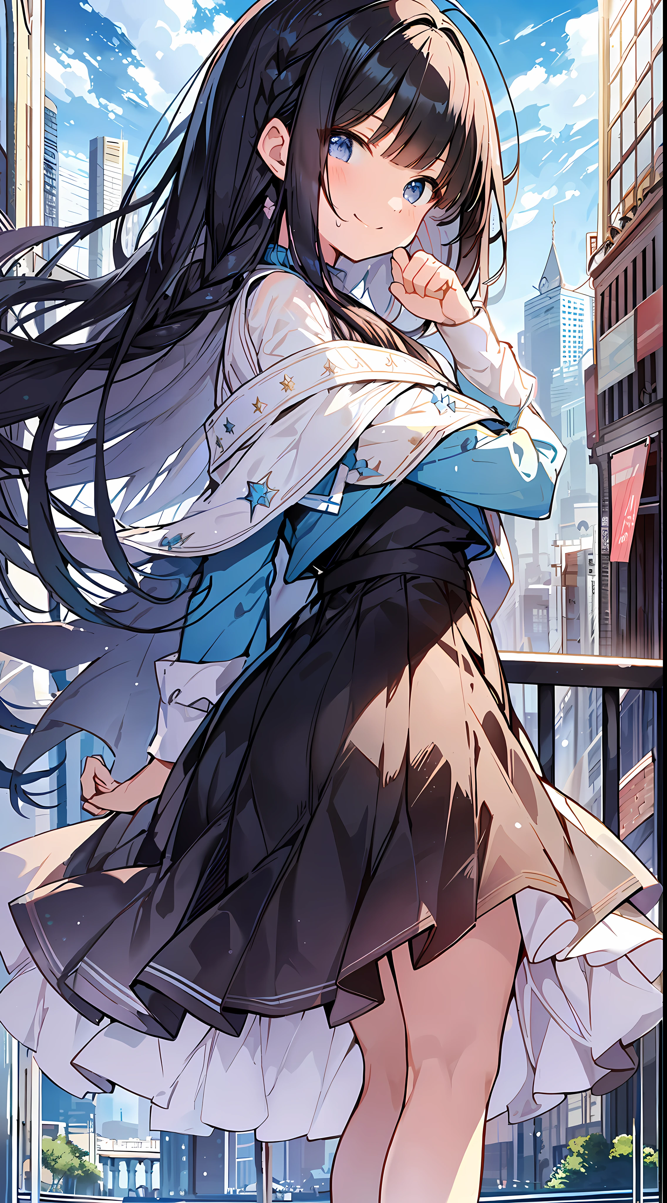 Top Quality, Masterpiece, Ultra High Definition, 8K, Summer Sky, Early Summer, (Flared Skirt, Poncho, Cape), Shojo Manga Style , One, Soft Line Art, Digital Enhancement, Shojo Manga Touch, Shojo Manga Core, Flowing Fabric, Close Up, (Hair length to the shoulders and short braids)), Wet hair, Soft drawing, Beautiful black hair, Clear eyes, ((Teasing smile)), Ultra-detailed digital anime art, clear face depiction, ultra-detailed shoujo manga character art, clear facial features, ultra-detailed manga style, top quality colors, hand gestures, cityscape, looking up at the sky, angle to see up to your feet