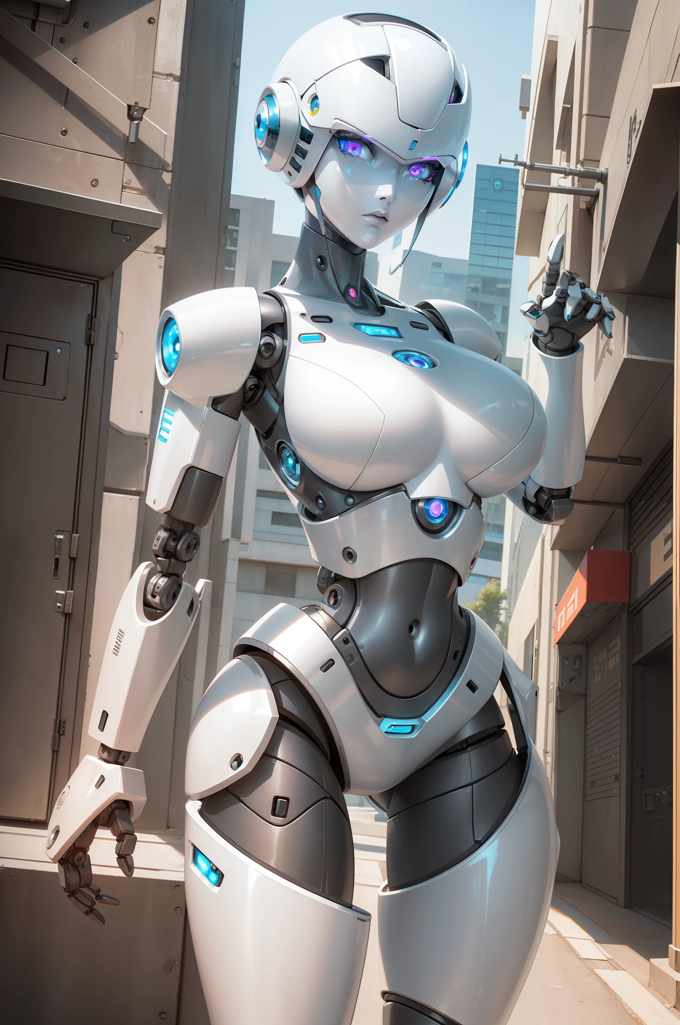 Best Quality, High Detail, 8K, Human, Robot Girl, Android Face(Metal), Steel & Titanium Leather, Gray Skin, Robotic Face(With Human Features), Cybernetic Eyes(Hard Eye Circle, Clear Eye Pupil), 1girl, Formal, Perfect Hands(5 fingers, clear fingers,), wig(normal hair), big breasts, lipstick on the lips, body(big breasts, lace, rounded shoulders, rounded arms, rounded legs, robot parts, ),