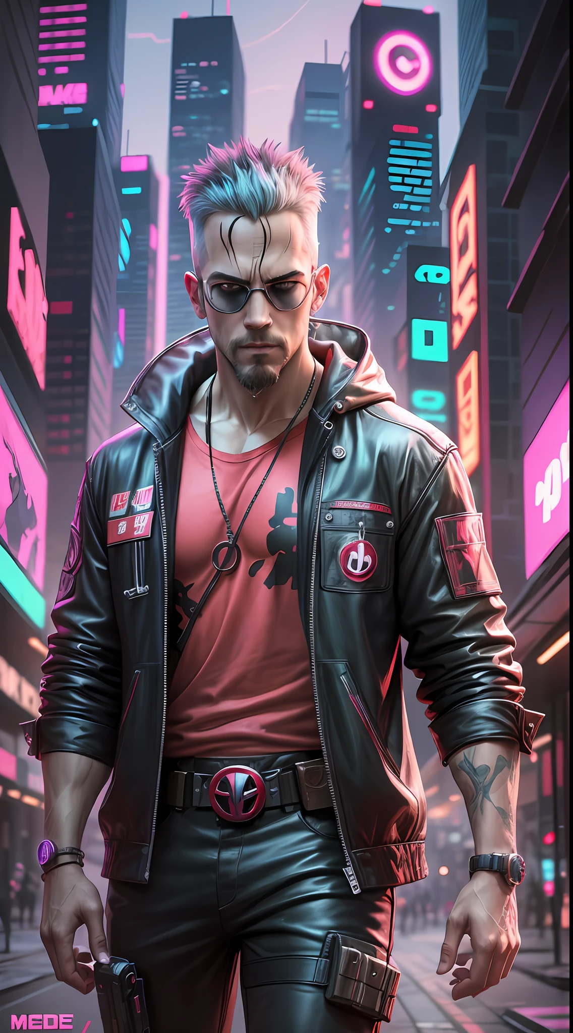 Deadpool from Marvel, neon ring on background, cyberpunk art style, cyberpunk style, cyberpunk style, cyberpunk character, hyper-realistic cyberpunk style, cyberpunk style color