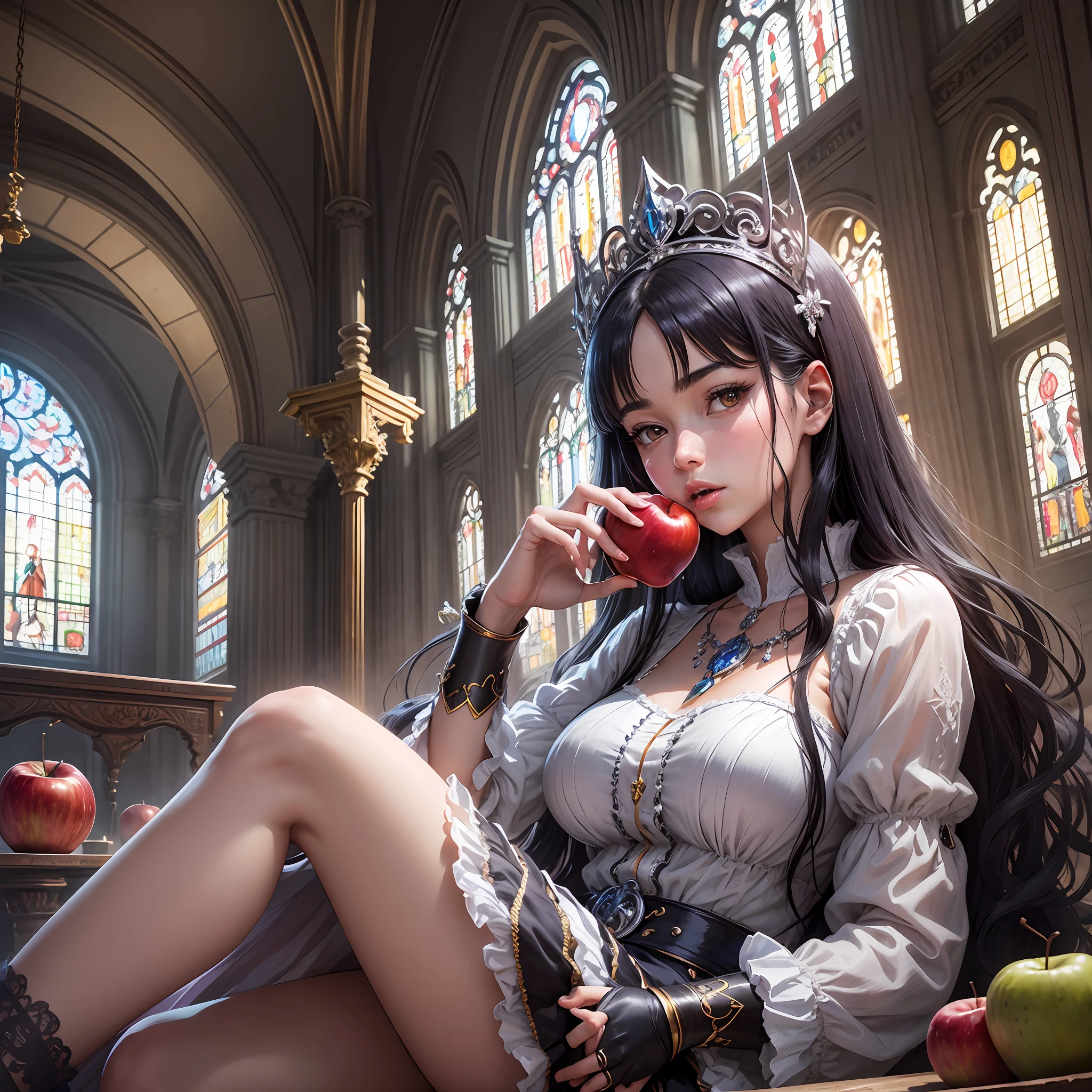 Create an anime-style illustration based on the scene described. The main focus of the image should be the mysterious woman sitting at the offering table. She possesses an extremely handsome face and the physique of a young woman between the ages of nineteen and twenty. Her long, black hair is adorned by a silver tiara. She's nonchalantly eating one of the apples Nestor brought, while swinging her suspended foot and holding the other knee. The atmosphere of the illustration should convey its beauty and an aura of mystery. Use vibrant colors and delicate details to highlight the woman's charming appearance. The composition should emphasize its central presence in the scene, with the altar and the little church inside the background to contextualize the environment. --auto --s2
