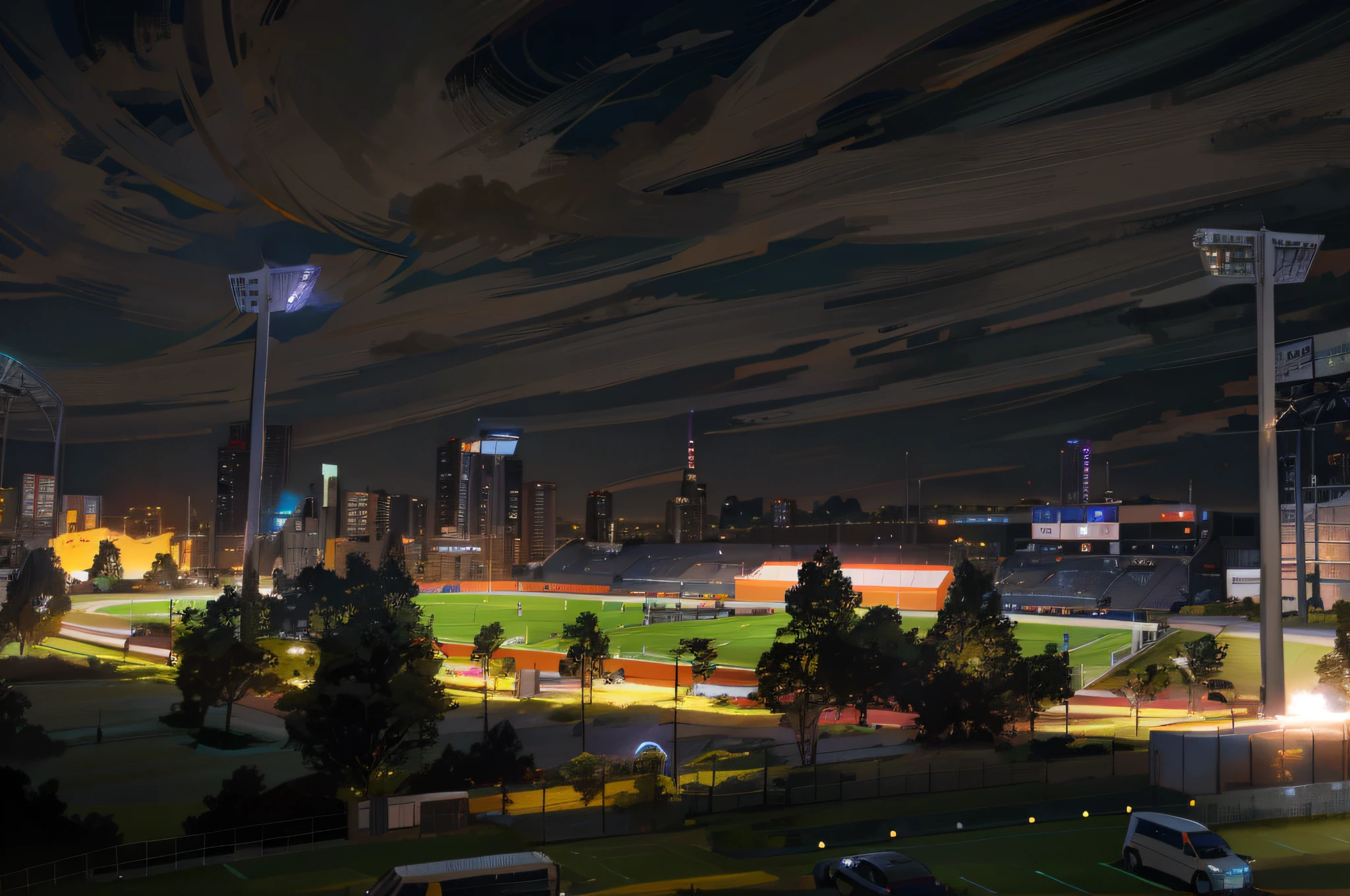 nighttime view of a soccer field with lights and a stadium, grass field surrounding the city, stadium landscape, floodlight, stadium setting, soccer stadium, dramatic stadium lighting, night shot, a wide shot, searchlights in background, flood lighting, taken with sony a7r camera, with glowing lights at night, taken with sigma 2 0 mm f 1. 4