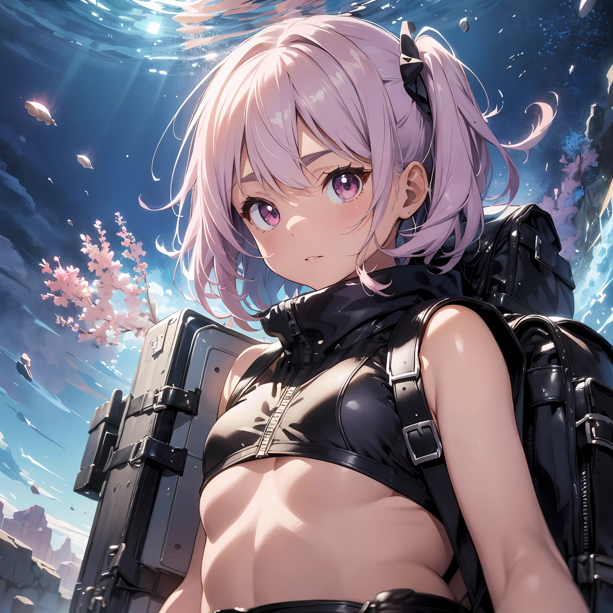 Fractal underwater background, fractal cloud sky, neat school swimsuit, thick eyebrows, leather backpack, heavy weapons protruding from the backpack, (dark skin: 1.3), black gloves, brown skin, open stance, movie lighting, small, beautiful light pink hair, (masterpiece), ((highest quality)), (super detailed), glossy skin, Full body anime girl, solo, clean and detailed anime face, high resolution anime eyes, five fingers, textile shading, perfect human structure, perfect ???????,