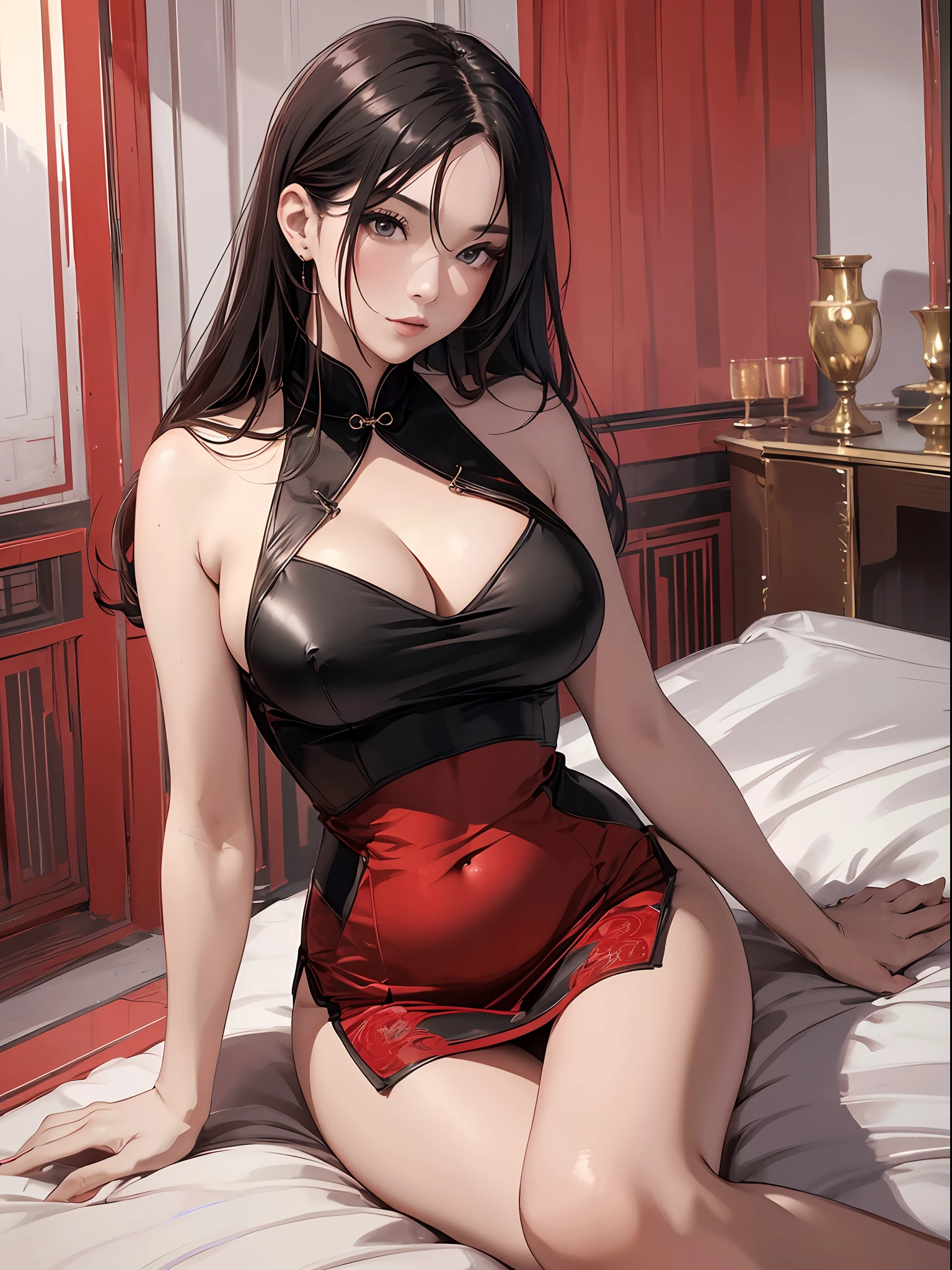 best quality, masterpiece, award winning, cinematic, perfect, solo, alone, very sexy girl, mature, beautiful, wearing sexy sleeveless deep plunging red qipao, beautiful face, eyes, rich, elegant, boobs, cleavage, belly button, sitting on bed, viewing from higher angle, main palette is red and black with hints of other colors