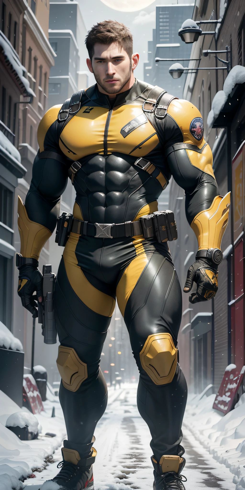 Movie poster, full body, character design (Resident Evil - Chris Redfield, Chris Redfield) wearing a yellow-black combat suit, standing alone on the snowy street, with a sad expression, deep and charming eyes, emerald-like pupils, muscle male heroes, heroic male poses, tall and burly, muscular! Sexy charming developed leg muscles, tall and burly, yellow-black combat suit, super buff and cool, high resolution committee, beige cream white combat boots, attractive strong male, bright moonlight on the body, lonely