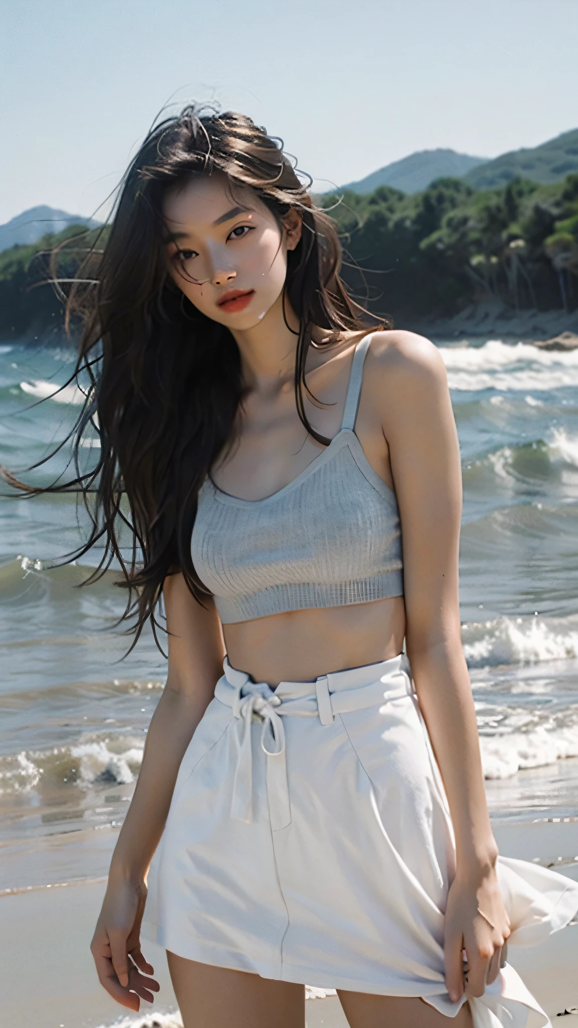 Beauty, no bra, long hair, flowing, waves