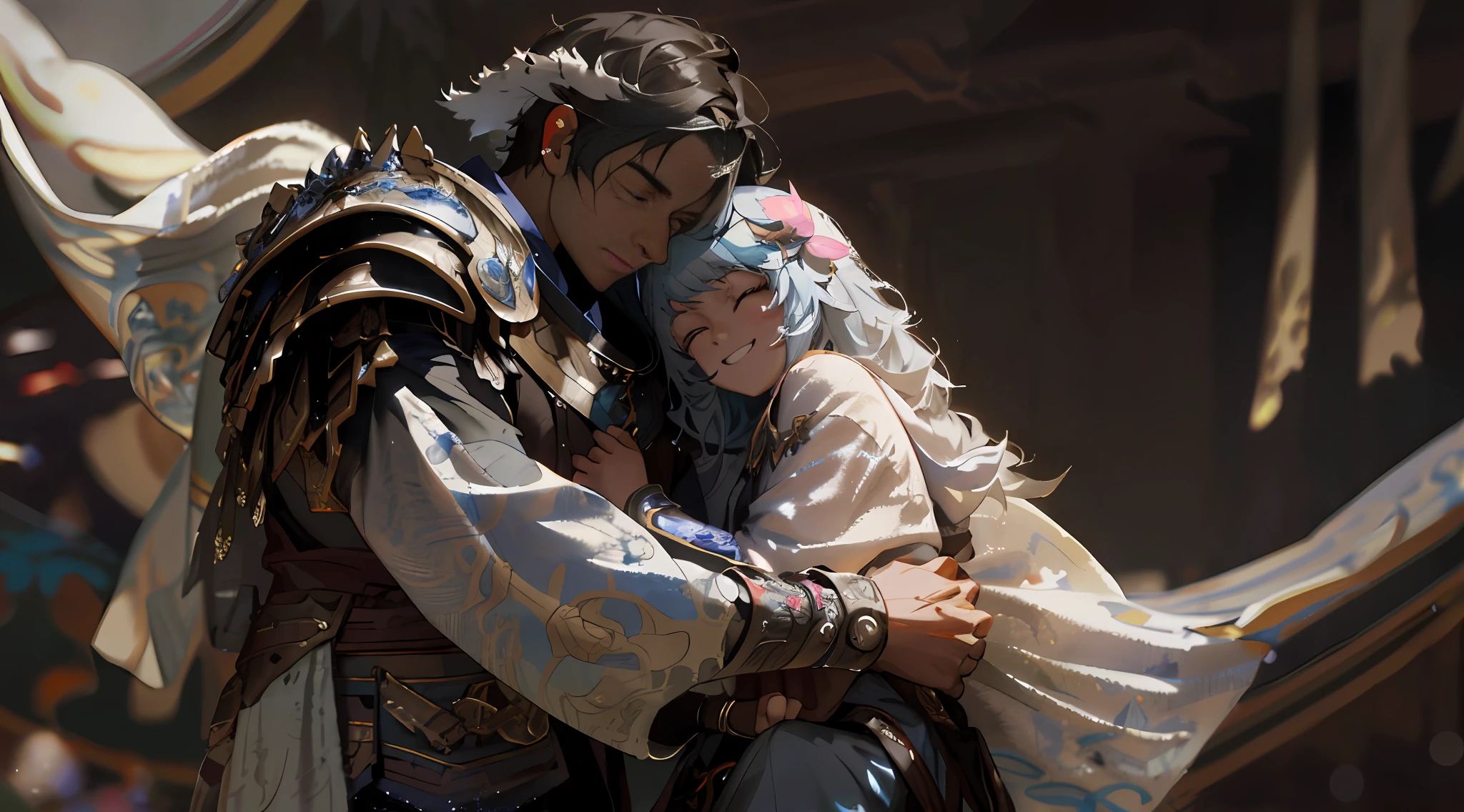 Alafard man in armor holding a child in a scene from the movie Chronicles, WLOP and Sakimichan, Ross Tran and WLOP, Guweiz-style artwork, WLOP and Ross Tran, Sakimichan and Frank Franzzeta, Ross Tran 8 K, fantasy style 8 K octane rendering, Guweiz, little girl smiling, man with scars on his face, fire