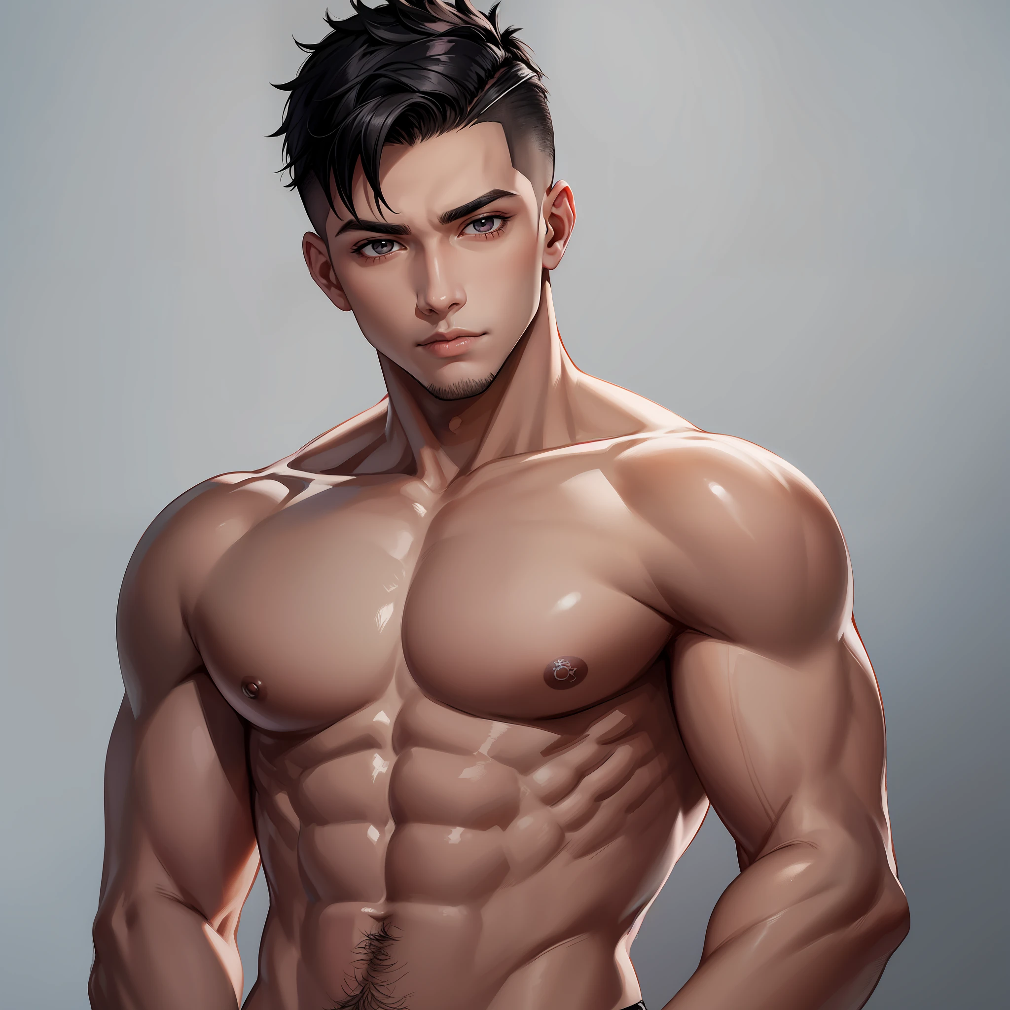 Young man posing, gorgeous, muscular, black-eyed, shirtless, short dark hair undercut cut style disconnected, on a white background, black crown on his head, pink details