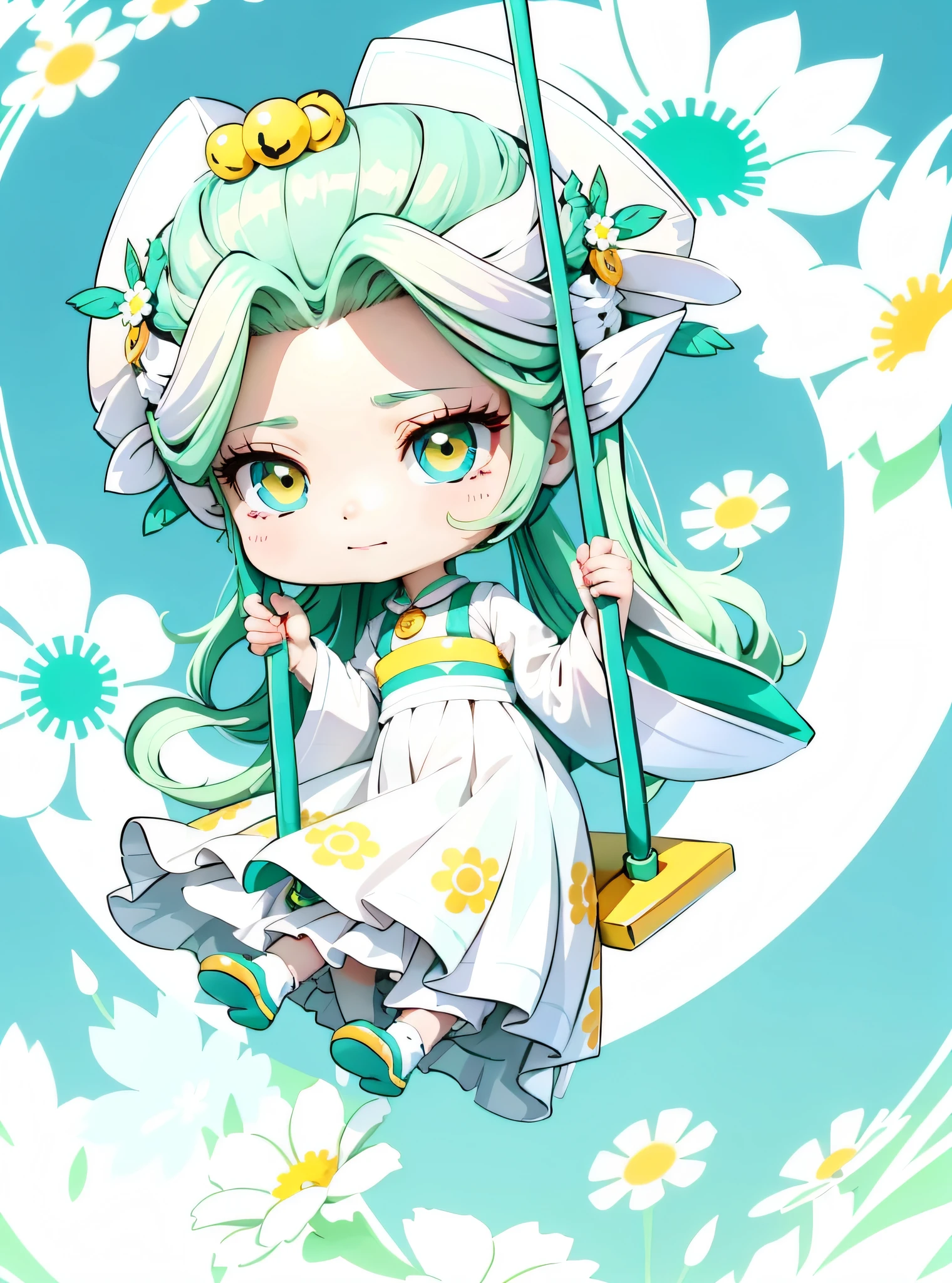 A cute cartoon girl, she is swinging, her hair is yellow, the headdress is white, the flowers are richly detailed, the clothes are white and green, the eyes are cyan gradient, the eyes are shining, the background is blank, the line art