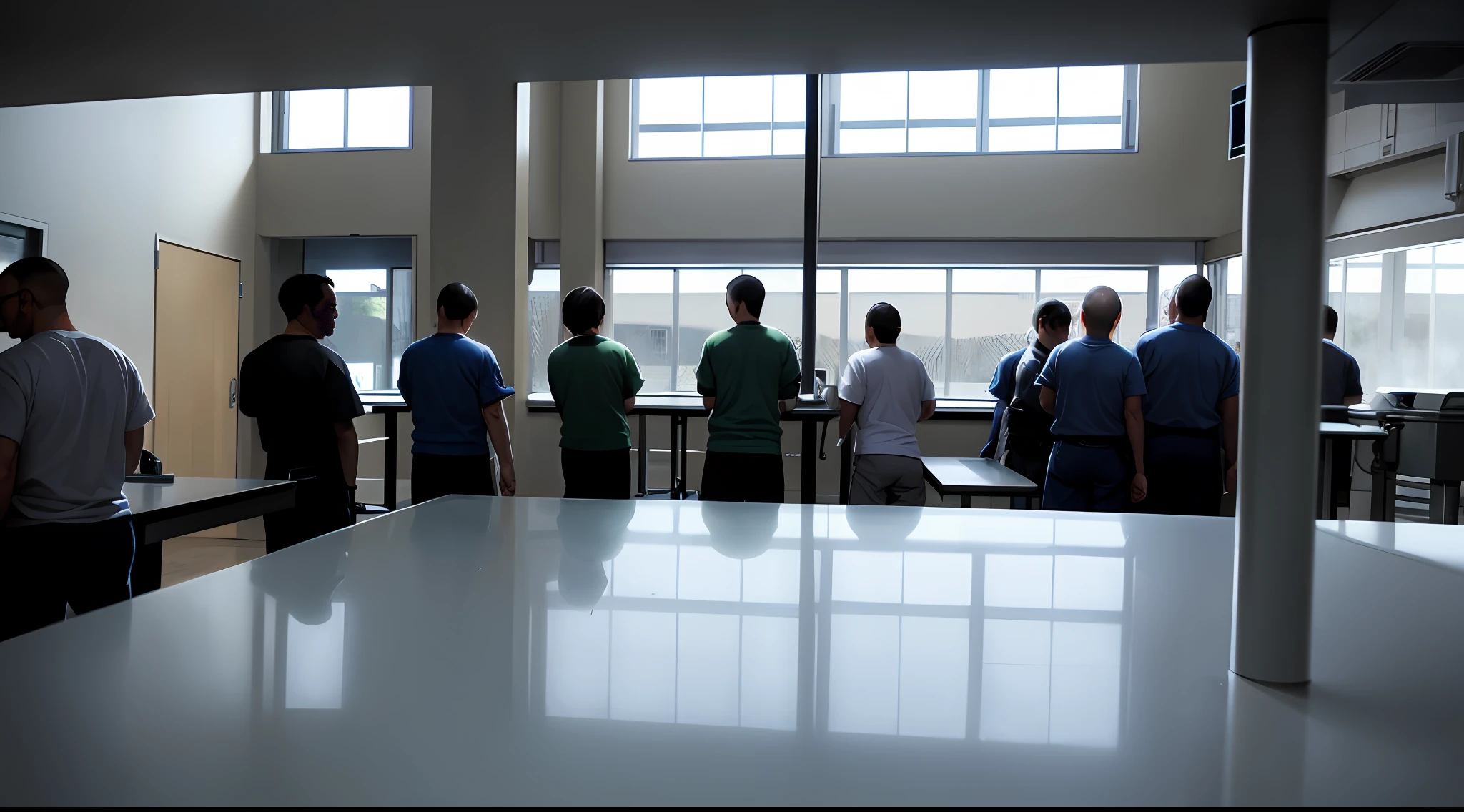 A close-up of the interior of a prison with inmates lining up to eat. --auto --s2