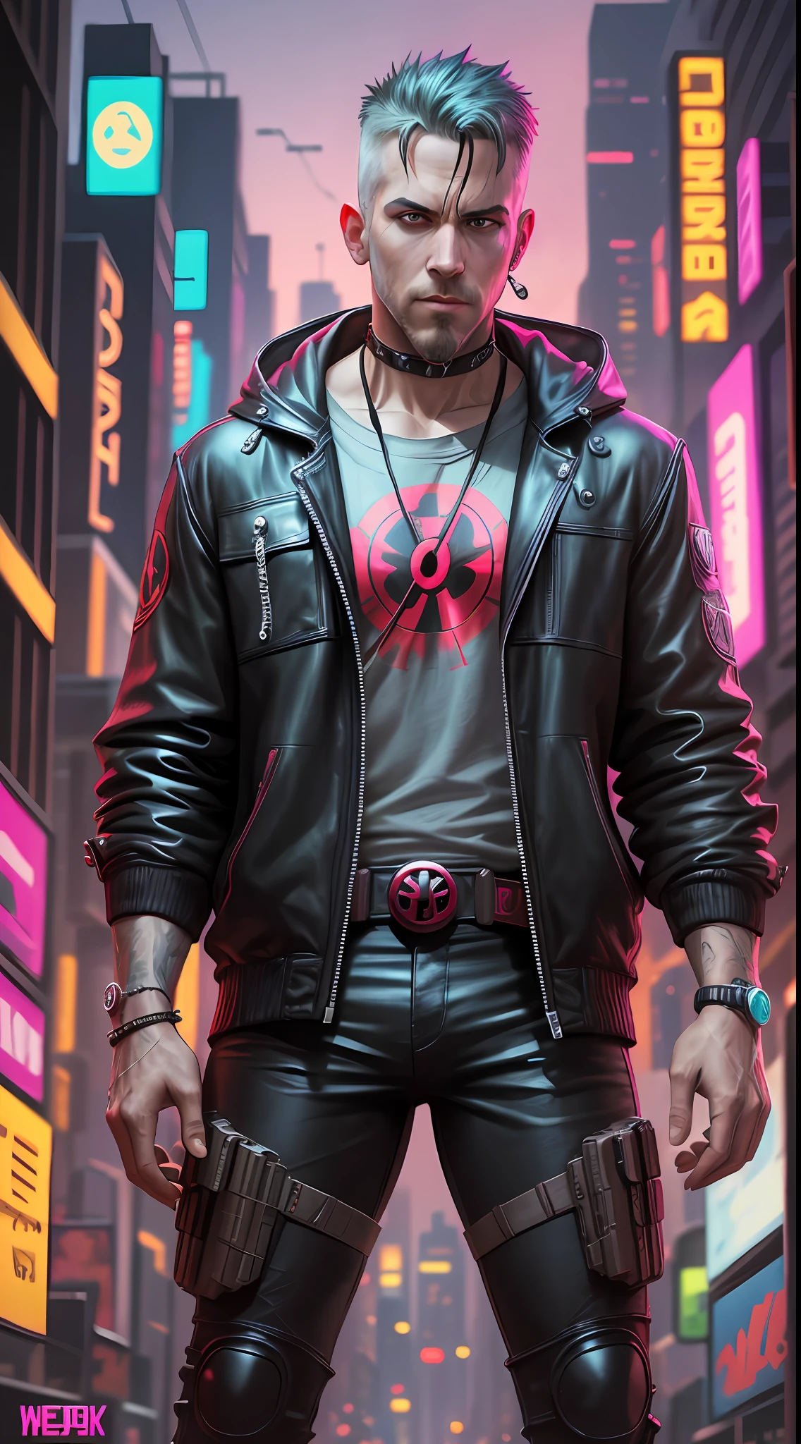 Deadpool from Marvel, neon ring on background, cyberpunk art style, cyberpunk style, cyberpunk style, cyberpunk character, hyper-realistic cyberpunk style, cyberpunk style color