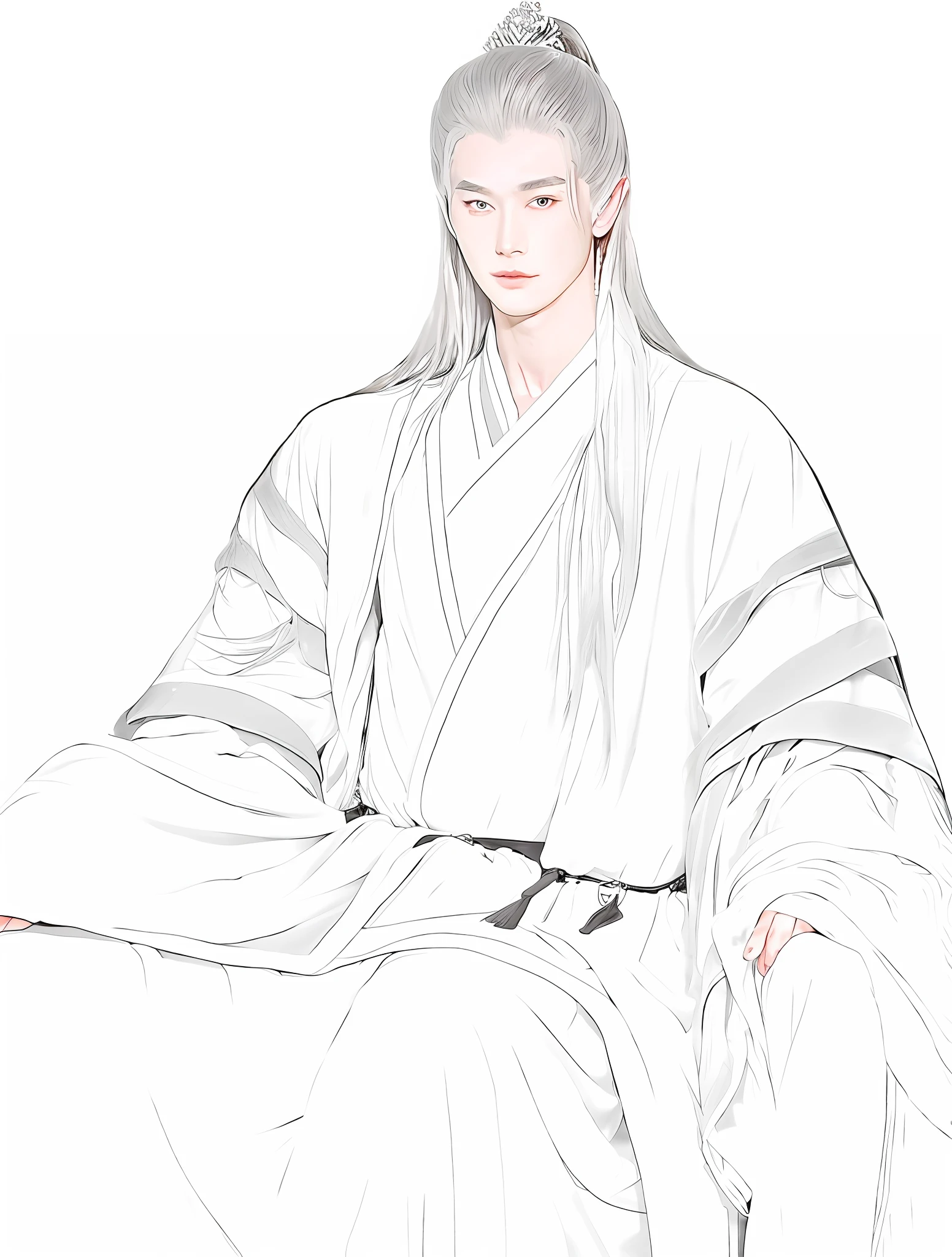 a drawing of a man in a robe sitting down, flowing hair and long robes, inspired by Guan Daosheng, clean lineart, inspired by Zhang Sengyao, perfect lineart, heise jinyao, inspired by Wu Daozi, inspired by Zhang Han, full body xianxia, lineart behance hd, noble elf male in black robes