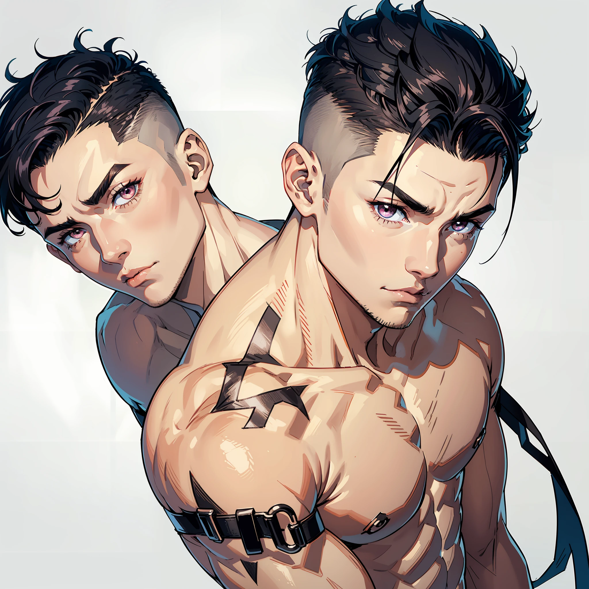 Young man posing, gorgeous, muscular, black-eyed, shirtless, short dark hair undercut cut style disconnected, on a white background, black crown on his head, pink details