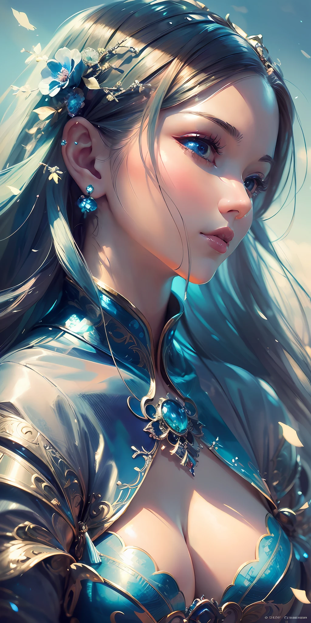 a close up of a woman in a silver and blue dress, chengwei pan on artstation, by Yang J, detailed fantasy art, stunning character art, fanart best artstation, epic exquisite character art, beautiful armor, extremely detailed artgerm, detailed digital anime art, artgerm on artstation pixiv, armor girl --auto --s2