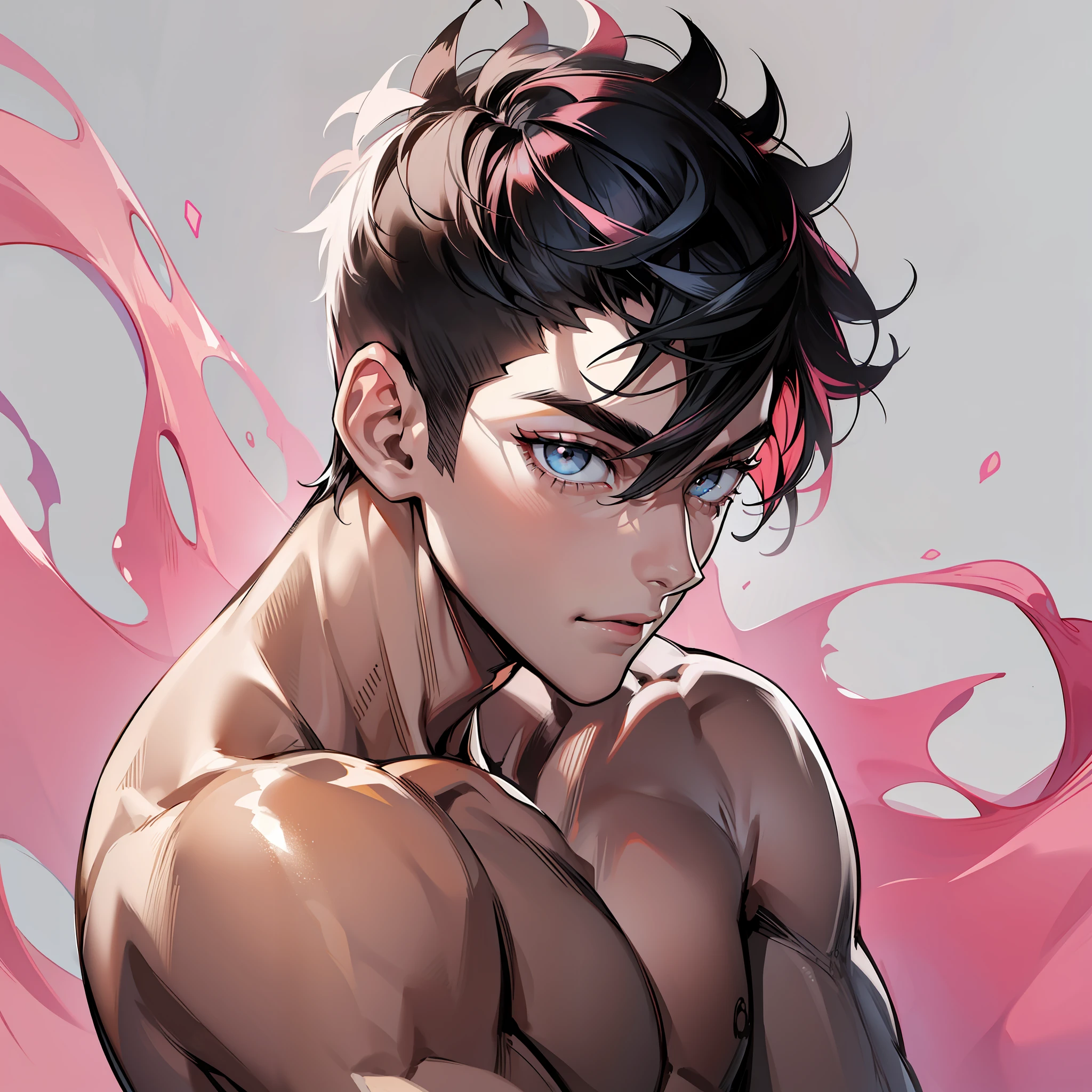 Young man posing, gorgeous, muscular, black-eyed, shirtless, short dark hair undercut cut style disconnected, on a white background, black crown on his head, pink details