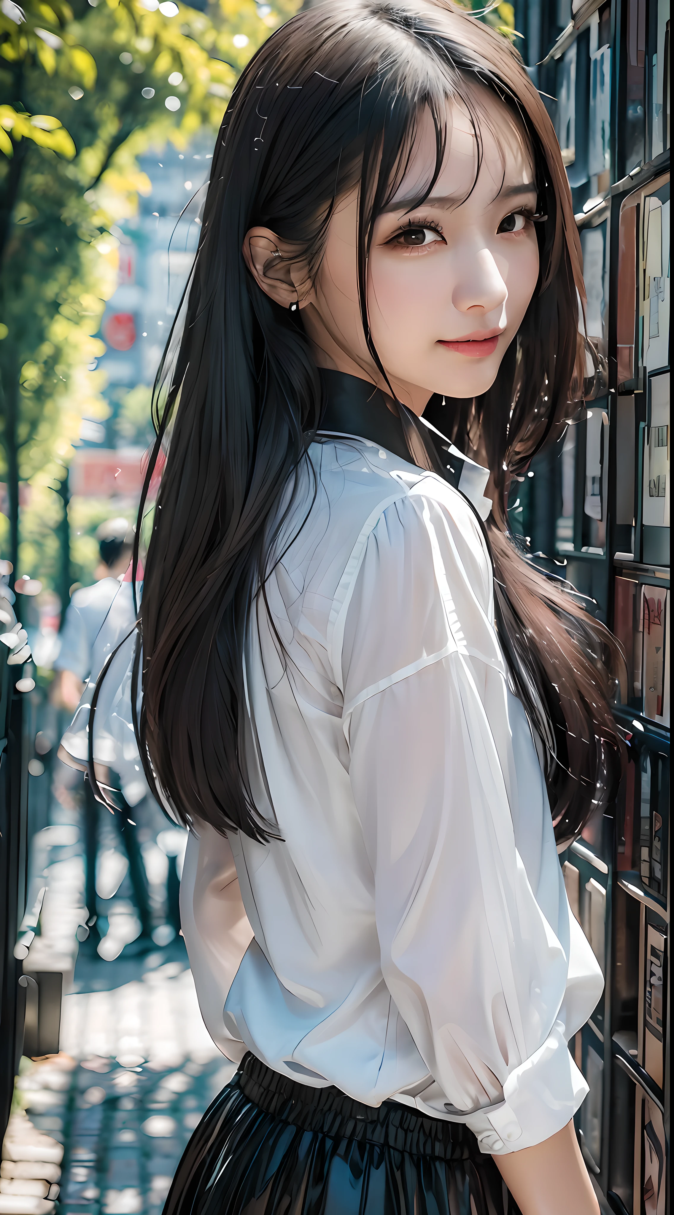 Girl, Solo, Shiny Skin, Very Detailed, Ultra Detailed, Ultra High Definition, (Photorealistic: 1.4), (Best Quality), (Best Shadow), Detailed, Perfect Lighting, Black Hair, Long Hair, (Small: 1.2), Japan Person, 32 years old, White shirt, Black skirt, smile,