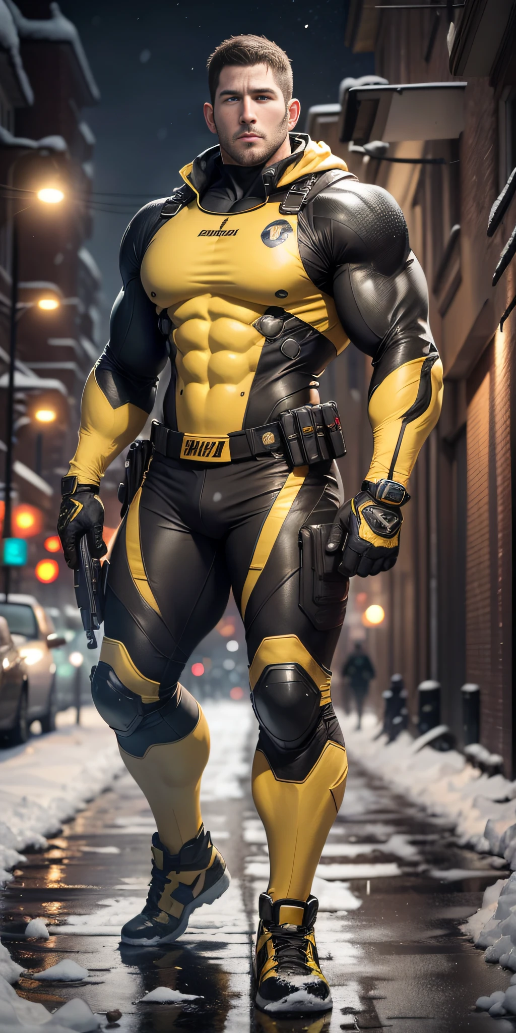 Movie poster, full body, character design (Resident Evil - Chris Redfield, Chris Redfield) wearing a yellow-black combat suit, standing alone on the snowy street, with a sad expression, deep and charming eyes, emerald-like pupils, muscle male heroes, heroic male poses, tall and burly, muscular! Sexy charming developed leg muscles, tall and burly, yellow-black combat suit, super buff and cool, high resolution committee, beige cream white combat boots, attractive strong male, bright moonlight on the body, lonely