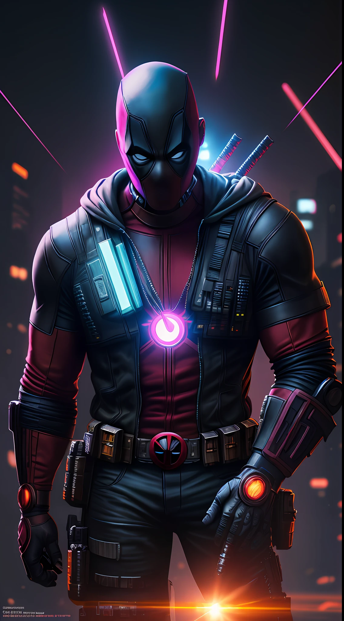 Deadpool from Marvel, neon ring on background, cyberpunk art style, cyberpunk style, cyberpunk style, cyberpunk character, hyper-realistic cyberpunk style, cyberpunk color, powerful lighting, motion synchronization, dynamism, charged energy, hot action, Adobe Lightroom, darkroom, HDR, intricate, highly detailed, (depth of field: 1.4), hyper-detail (artstation: 1.4), cinematic, warm light, dramatic light (complex details: 1.1)