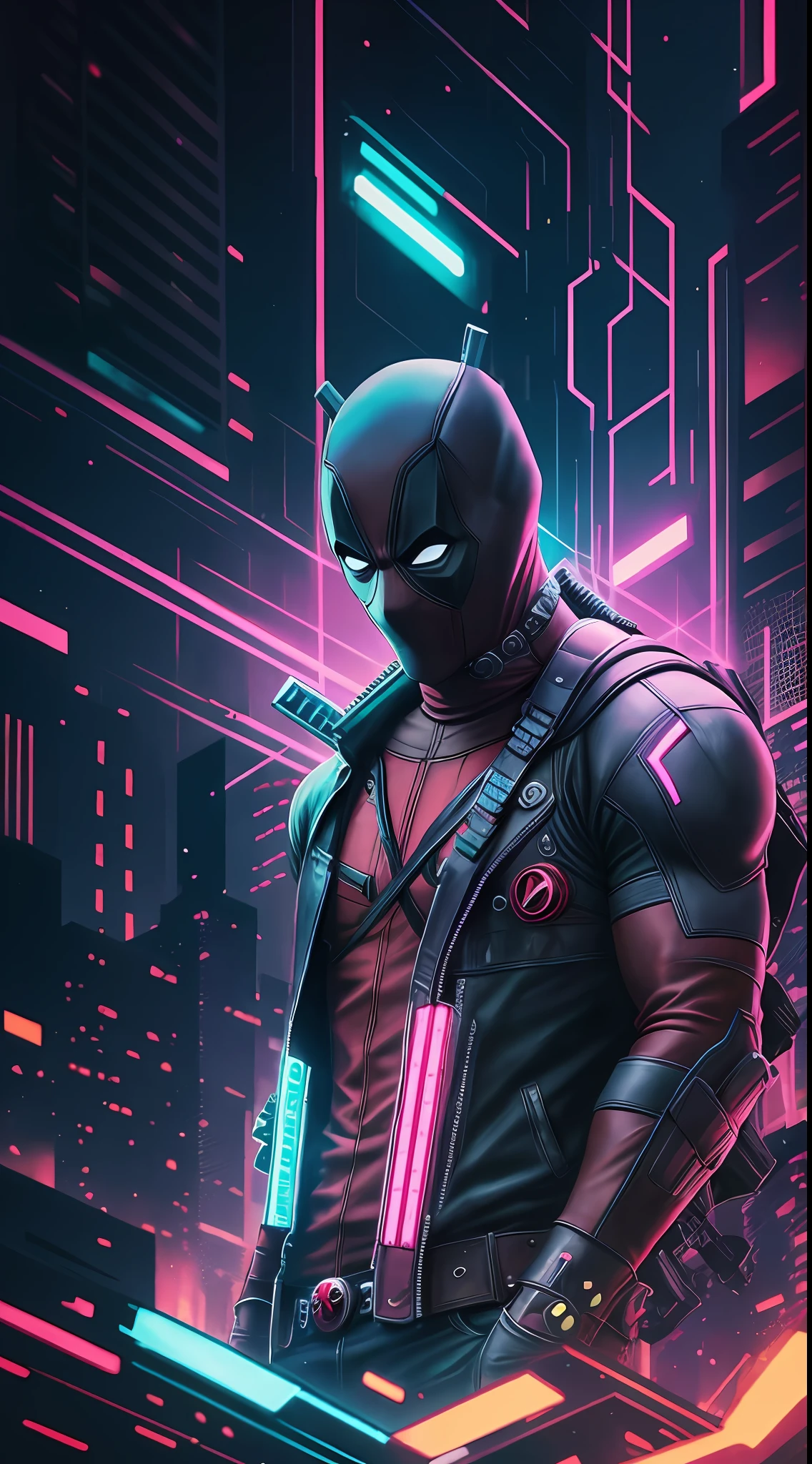 Deadpool from Marvel, neon ring on background, cyberpunk art style, cyberpunk style, cyberpunk style, cyberpunk character, hyper-realistic cyberpunk style, cyberpunk color, powerful lighting, motion synchronization, dynamism, charged energy, hot action