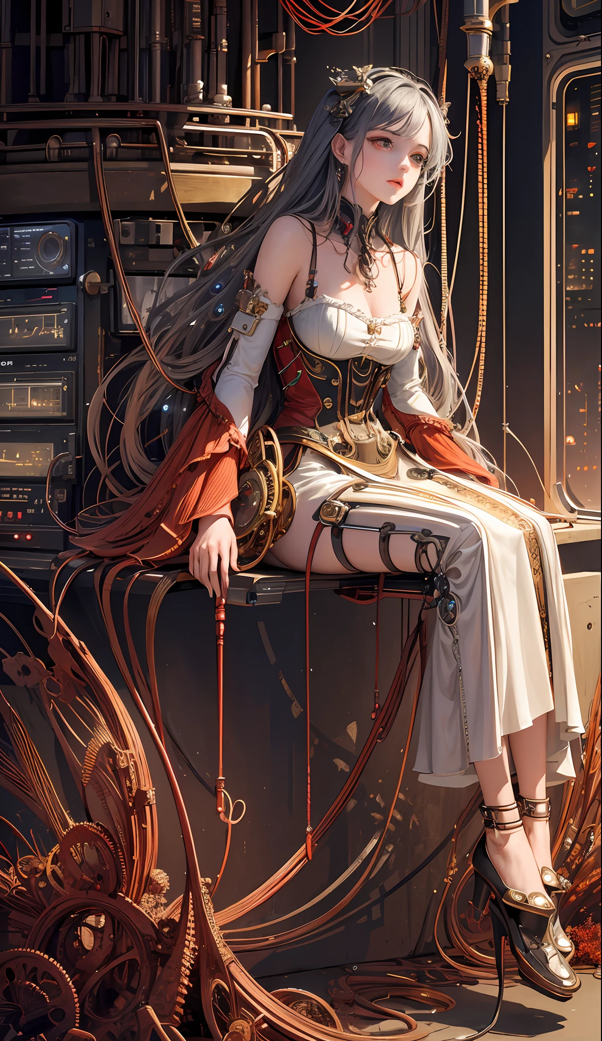 (Masterpiece, top quality, best quality, official art, Beauty and Aesthetics: 1.3), (1 Girl: 1.3), Extremely Detailed, Colorful, Supreme Detail, ((Ultra Detailed)), (Highly Detailed CG Illustration), (Extremely Delicate and Beautiful)), Cinematic Light, ((Mechanical Girl)), Solo, Full Body, (Steampunk), (Machine-Made Joints: 1.2), (Mechanical Limbs), (Blood Vessels Attached to Tubes), ((Mechanical Particles Attached to Neck)), (Seated), Expressionless, Wires and Cables Attached to Neck, Wires and Cables on the Head, Science Fiction, Mechanical City, Active Posture