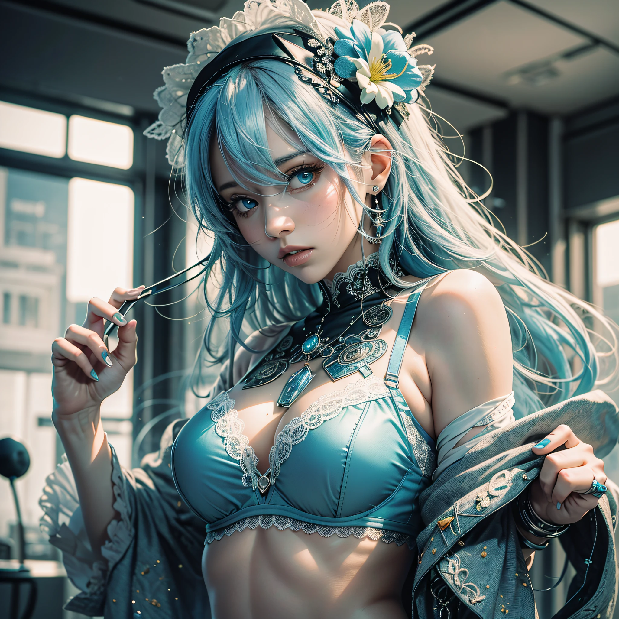 (8k, RAW photo, best quality, masterpiece:1.2),(realistic, photo-realistic:1.37),,(8k, RAW photo, best quality, masterpiece:1.2), (realistic, photo-realistic:1.37),(PureErosFace:0.5),lora:koreanDollLikeness_v15:0.5,lora:hipoly3DModelLora_v10:0.5, hiqcgbody,lora:chilloutmixss_xss10:0.6,cityscape,cosplay,wallpaper,mature female,ojousama,nun,yuri,Light blue hair,serious,aqua eyes,crop top,sexy lingerie,no bra,lace legwear,flower ribbon,best quality, masterpiece,ultra-detailed, --auto --s2