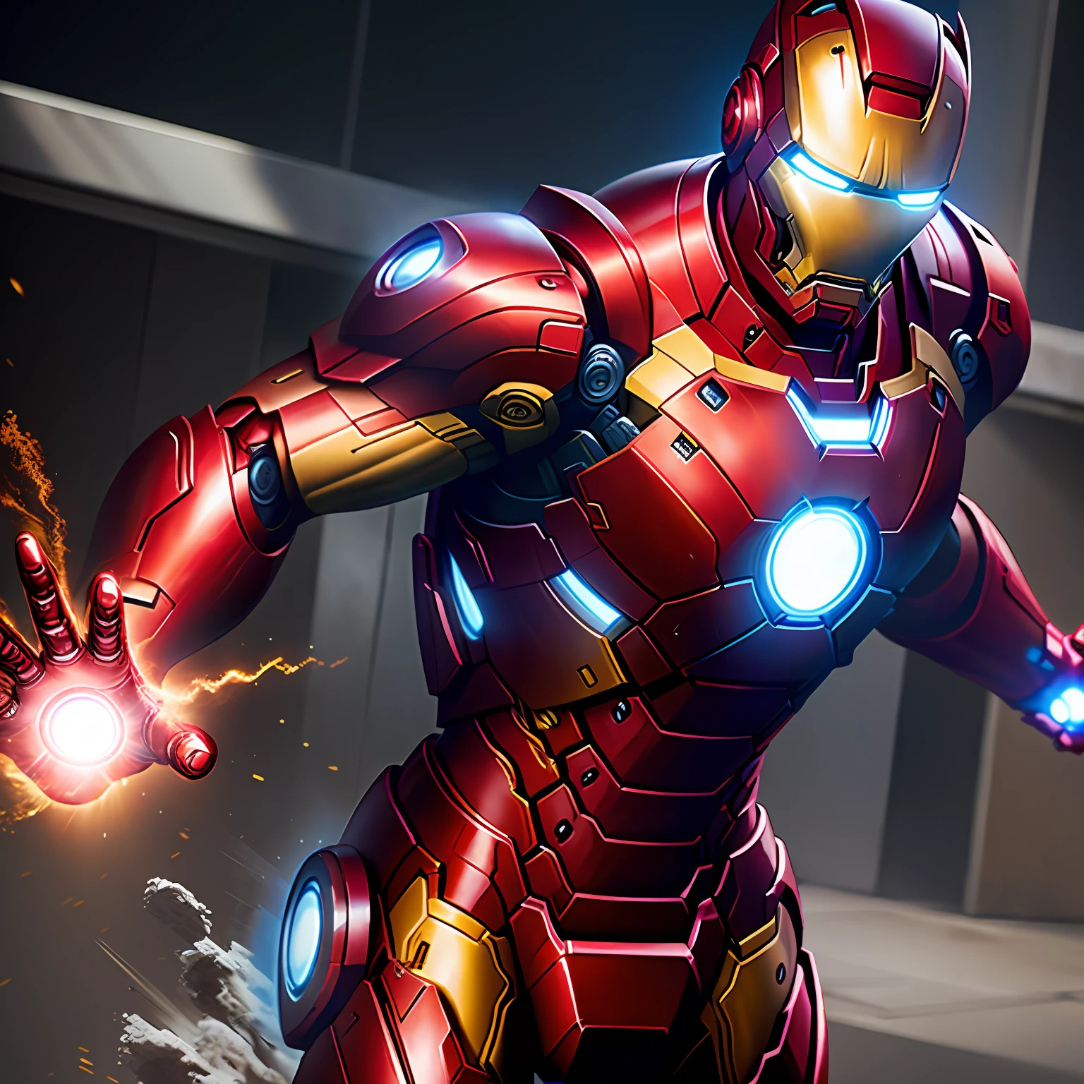 Iron man, Hollywood movie, attacking viewer, full body post, super detail, 3D, glow effect, Tile-shot，hd mode