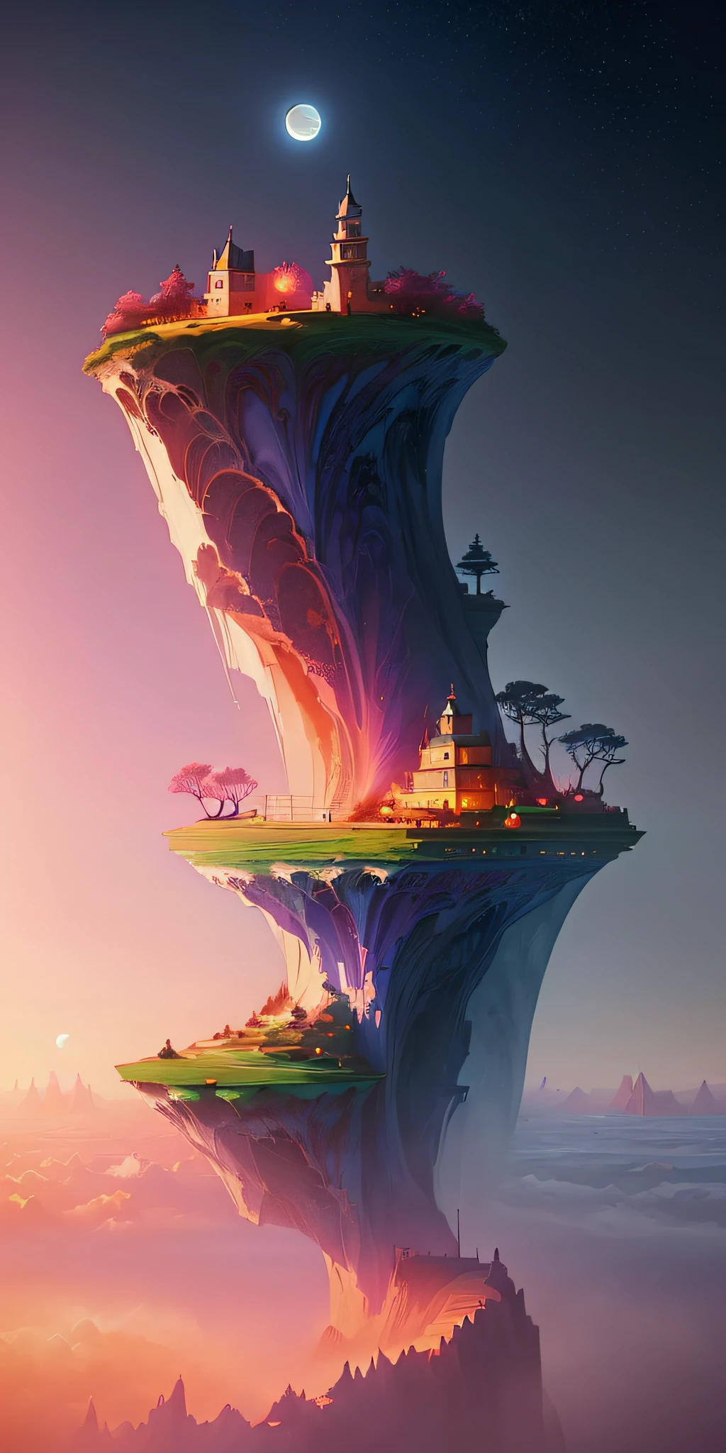 (((Beautiful iPhone wallpaper)), high school worldview, rose and moon sky over sea, extreme fantasy, digital illustration, digital painting, background art, Cyril Rolando's style (weight 1.2), HD 4K digital art (weight 1.1), epic fantasy fantasy landscape, fantasy background (weight 1.1).