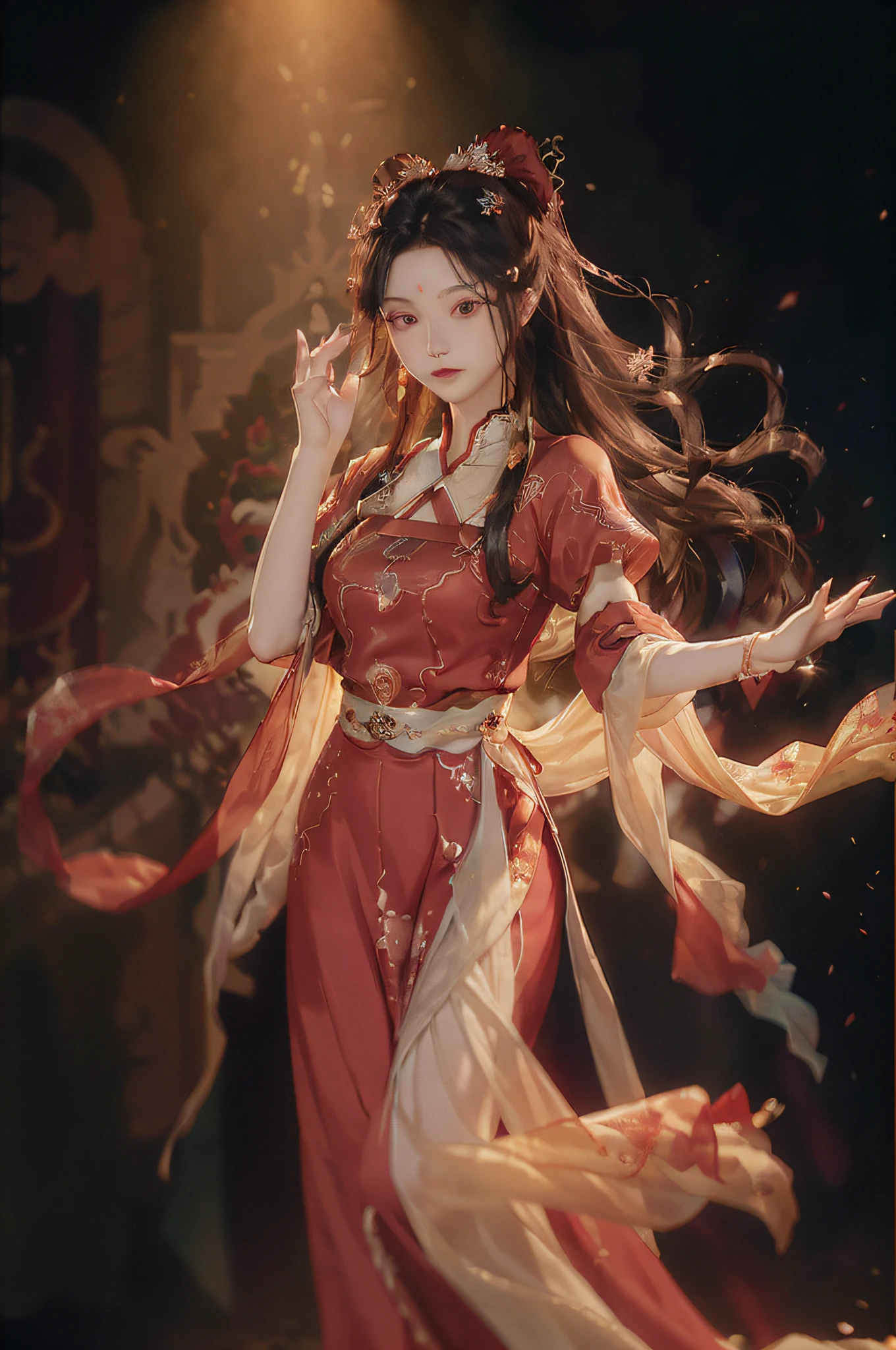 Superb Beauty, (Milky Skin: 1.3), Delicate Details, High Resolution, Wallpaper, 1 Woman, Solo, Dress, Hair Accessories, (((Red Dress)), Flower, Long Hair, Brown Hair, Shut Up, Accessories, Long Sleeves, Raised Hands, Wide Sleeves, Big Eyes, Flowing Hair, Hanfu, Hanfu, Embroidery, Long Skirt, Natural Pose, Falling Petals, (Long Sleeves), Fanning, 16K, HDR, High Resolution, Depth of Field, (Film Grae: 1.1), Bocon, Primetime, (Lens Glow), Vignette, Rainbow, (Color Grading: 1.5)