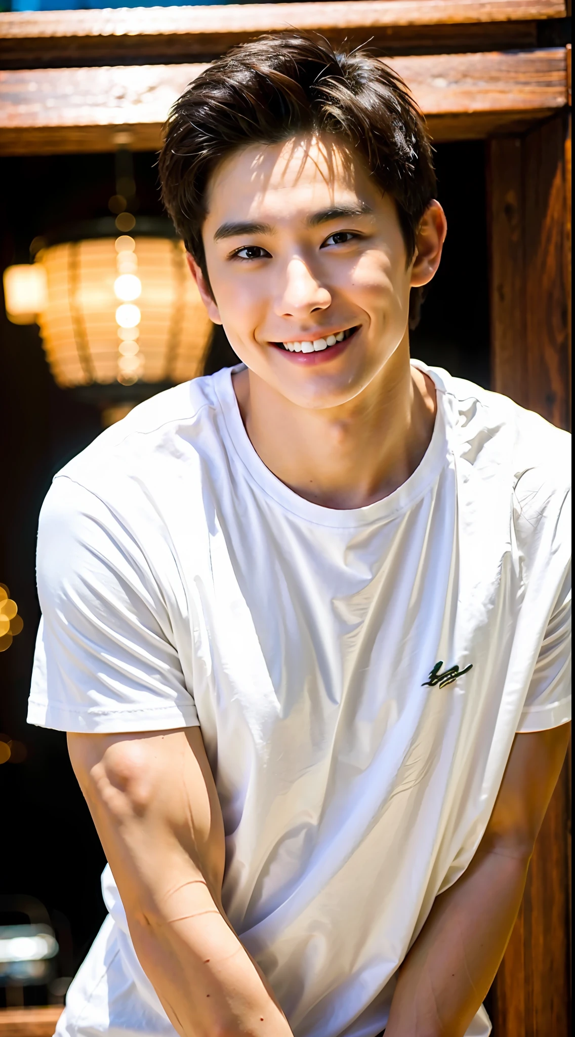 Best Quality, Ultra High Resolution, (Realistic:1.4), Masterpiece, Blurred Background ,Muscle, Solo, 1 Boy, Young , Standing, White Skin, White T-Shirt, Assuming, Facial Focus, Smile, Shut Up,