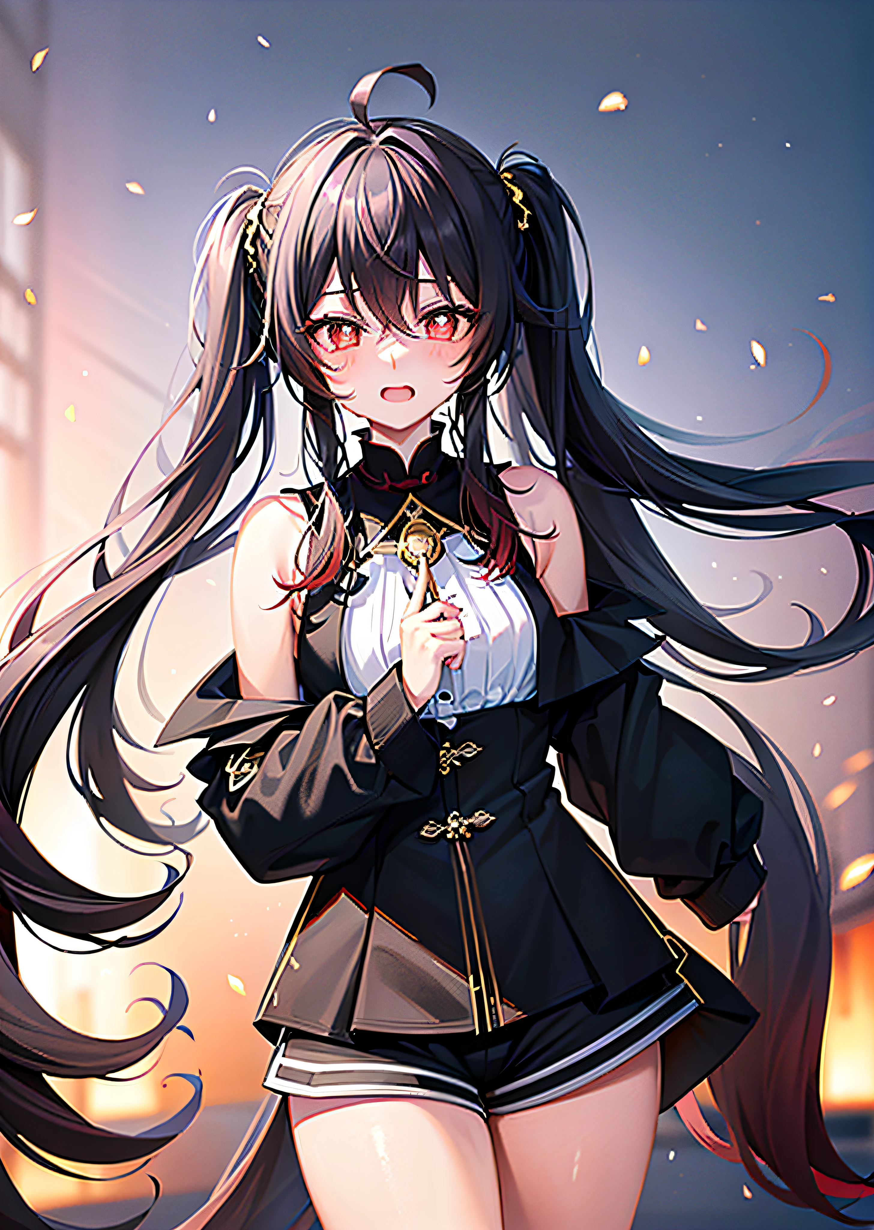 hu tao,genshin impact,an extremely delicate and beautiful girl,twintails,black hair,red eyes eyes,shorts,black jacket,leather shoes,white short socks,flower shaped pupils, clear and beautiful, acrylic paint, beautiful detailed glow, Show from the hips to the shoulders, from_below, lips, mysterious, shiny_skin, girl,woman,female, very long hair, twintails, hair intakes, huge ahoge, delicate face, embarrassed, detailed beautiful eyes, ;D, medium_breasts, Gemological ornaments, sailor suit, absurdres, extremely detailed 8K wallpaper, hyper detailed,傑作、最高品質