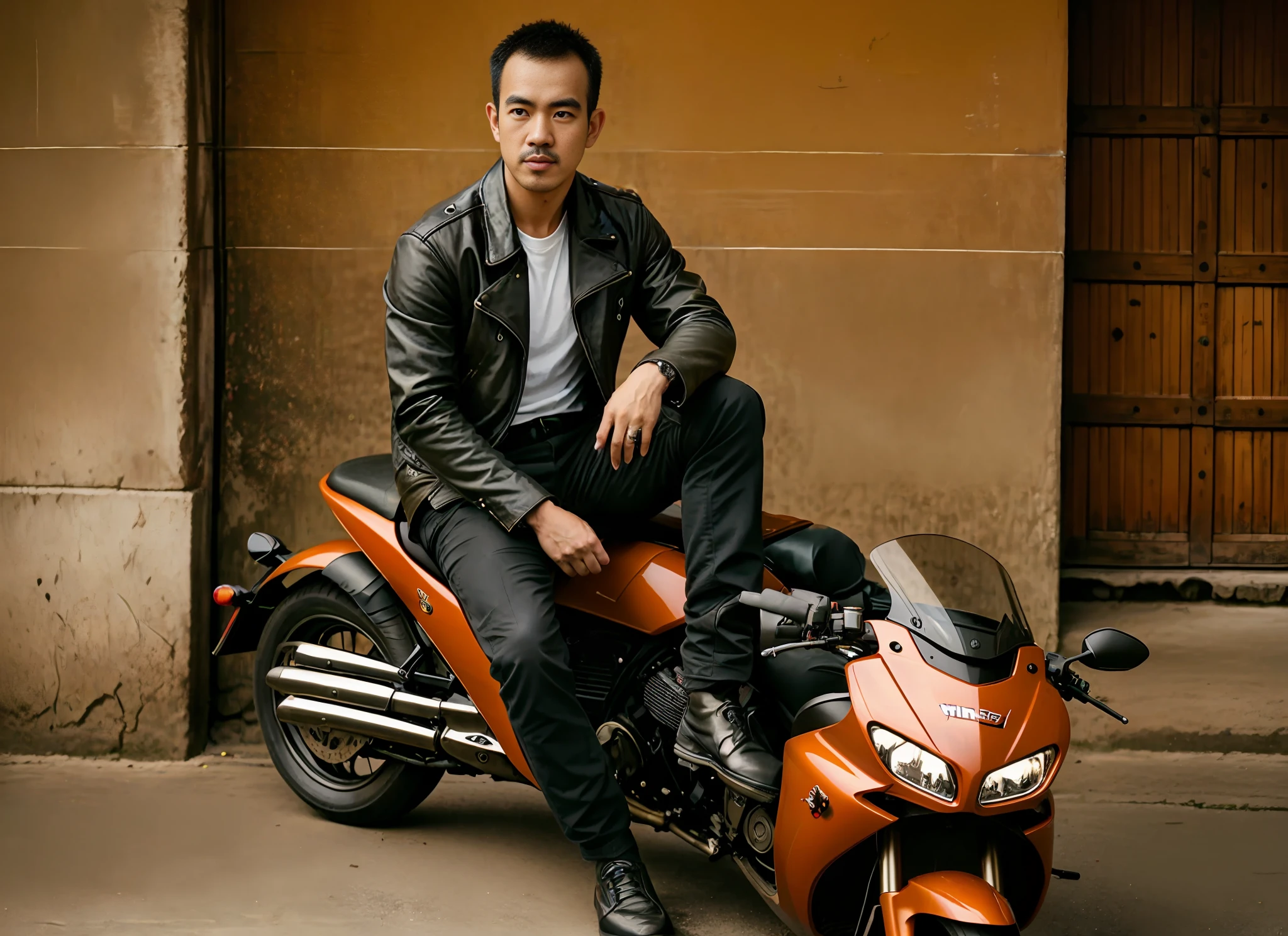 There was a man sitting on a motorcycle, Joe Taslim, inspired by Ding Yunpeng, inspired by Wang Zhenpeng, inspired by Victor Wang, inspired by Huang Gongwang, inspired by Wen Zhengming, inspired by Russell Dongjun Road, inspired by Ding Guanpeng, inspired by Zhao Yong, inspired by Xiao Yuncong