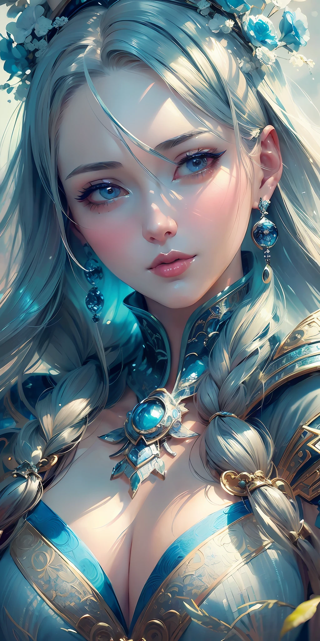 a close up of a woman in a silver and blue dress, chengwei pan on artstation, by Yang J, detailed fantasy art, stunning character art, fanart best artstation, epic exquisite character art, beautiful armor, extremely detailed artgerm, detailed digital anime art, artgerm on artstation pixiv, armor girl --auto --s2