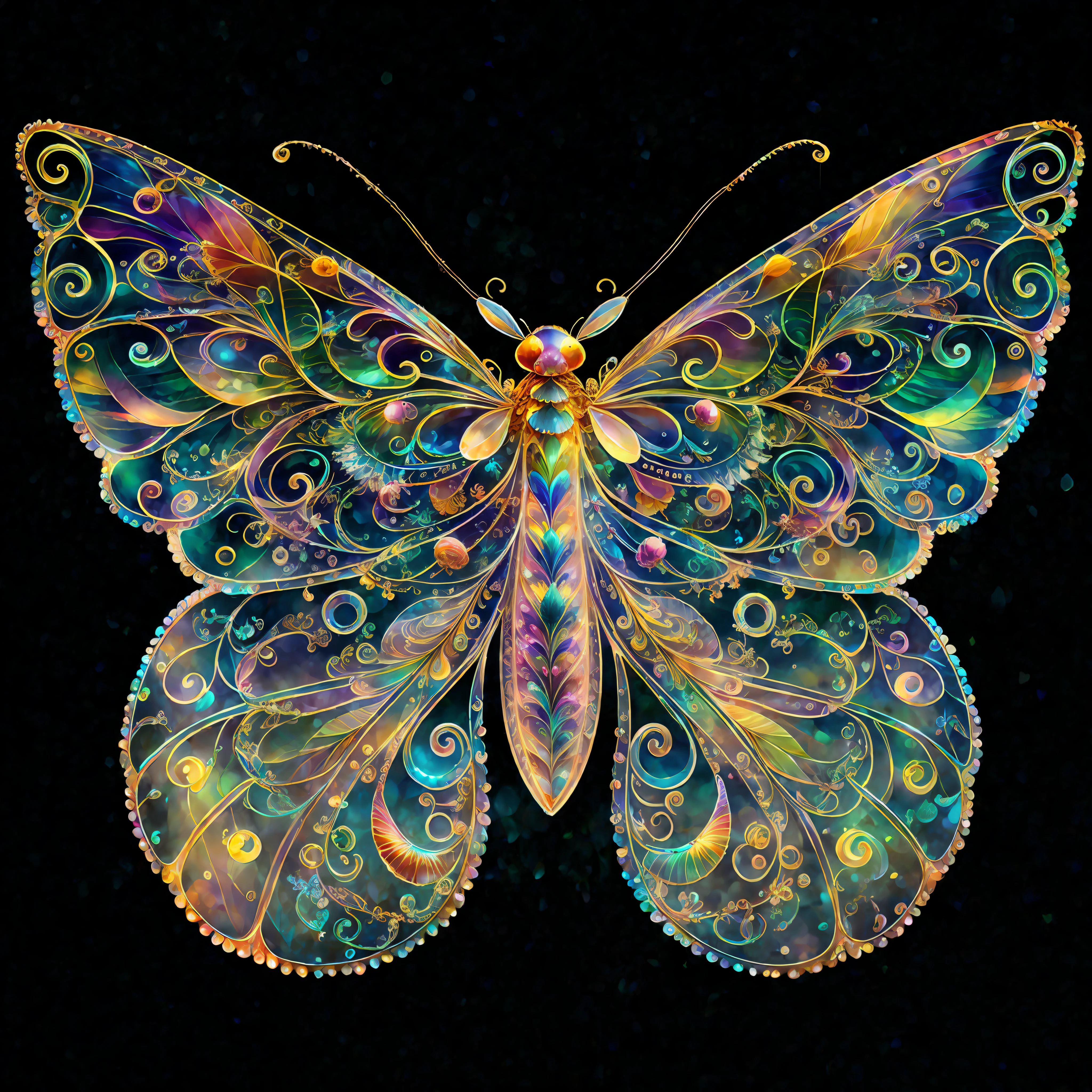 Rainbow color, flying insect, scale, wing, blue, textured, complex, gorgeous, shadow, pastel color, highly detailed, decorative style, Tim Burton, Dale Chihuli, Little Dragon Cheng, Cyril Rolando, author hour gigger, bright gold, rainbow