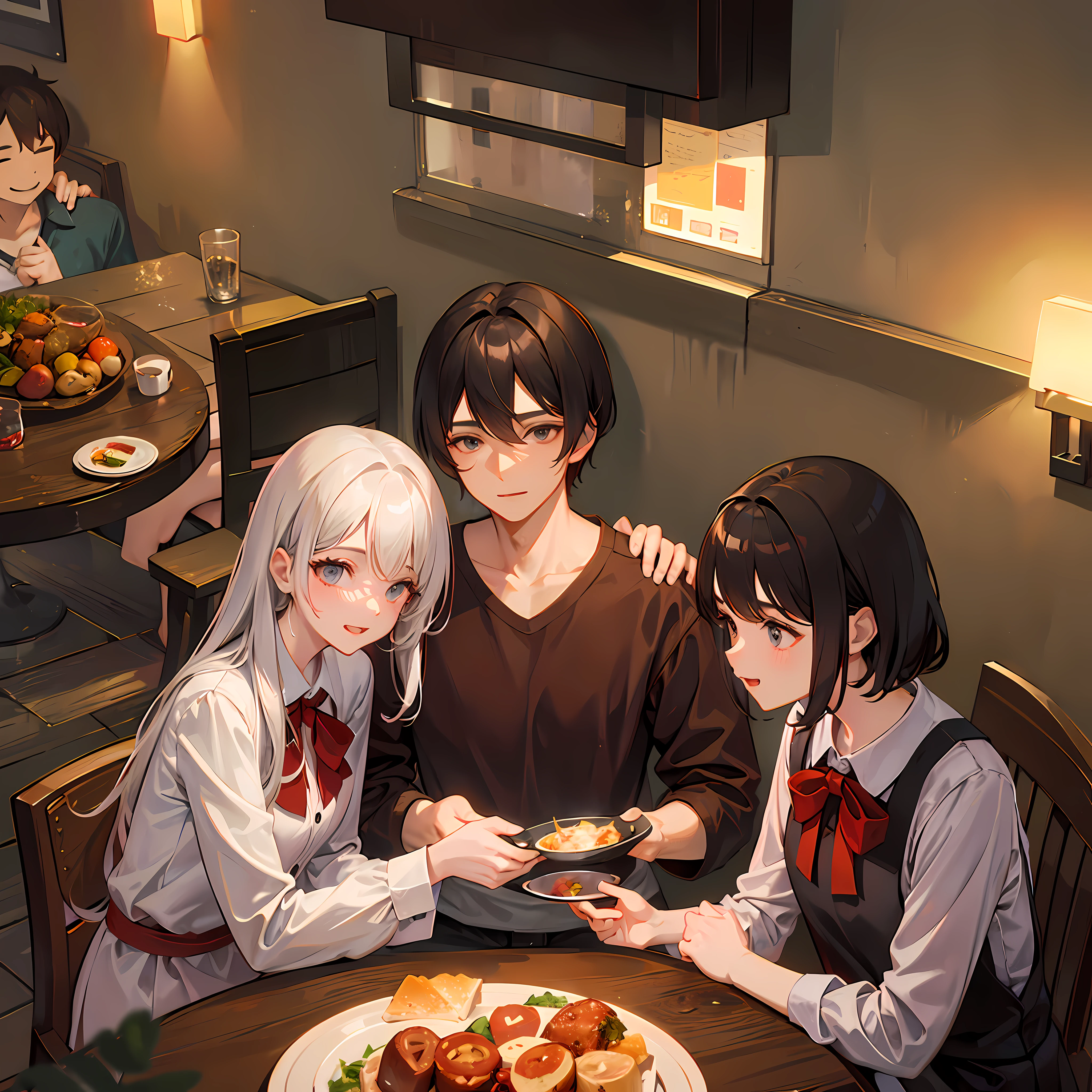 4 dad , mom , sister, brother (family at dinner table),(warm color night),(comfortable atmosphere)